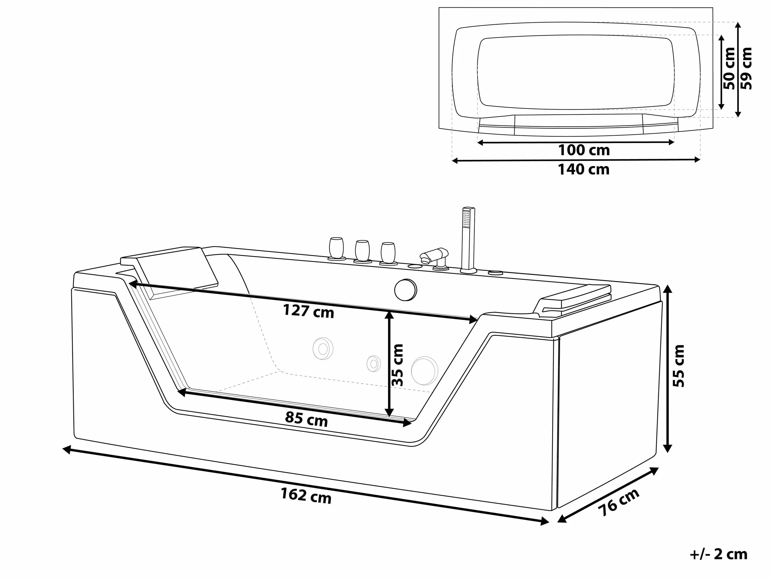 Wanna z hydromasażem czarna akrylowa LED z zagłówkami 160 x 76 cm Samana