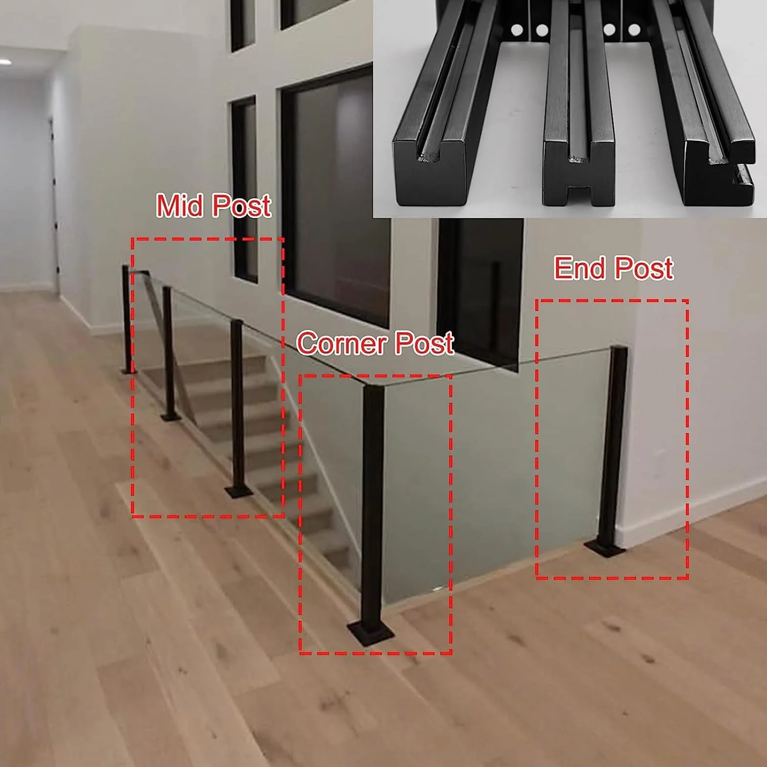 Kwadratowy słupek końcowy ze stali nierdzewnej do balustrady szklanej 100/115/130/150 cm, zestaw do balustrady schodowej, trwały i stylowy element wyposażenia domu