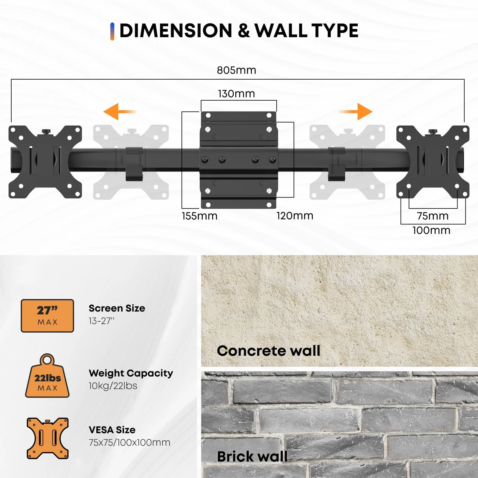 Uchwyt ścienny podwójny monitor VESA 75x75 100x100 mm 13-27 cali 10 kg