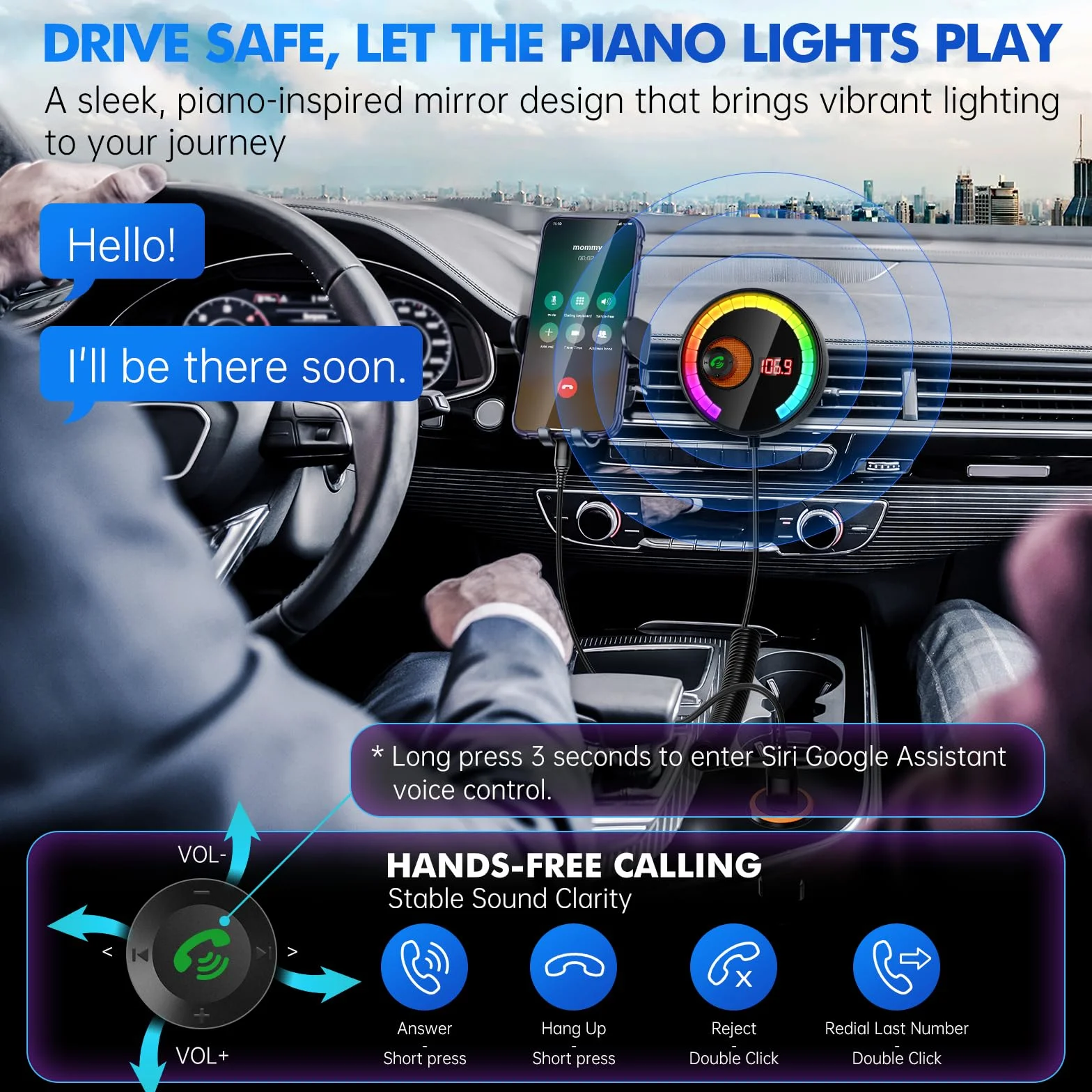 Samochodowy adapter Bluetooth 5.4 FM Nadajnik LED Radio Odtwarzacz Muzyczny Głośnomówiący czarny