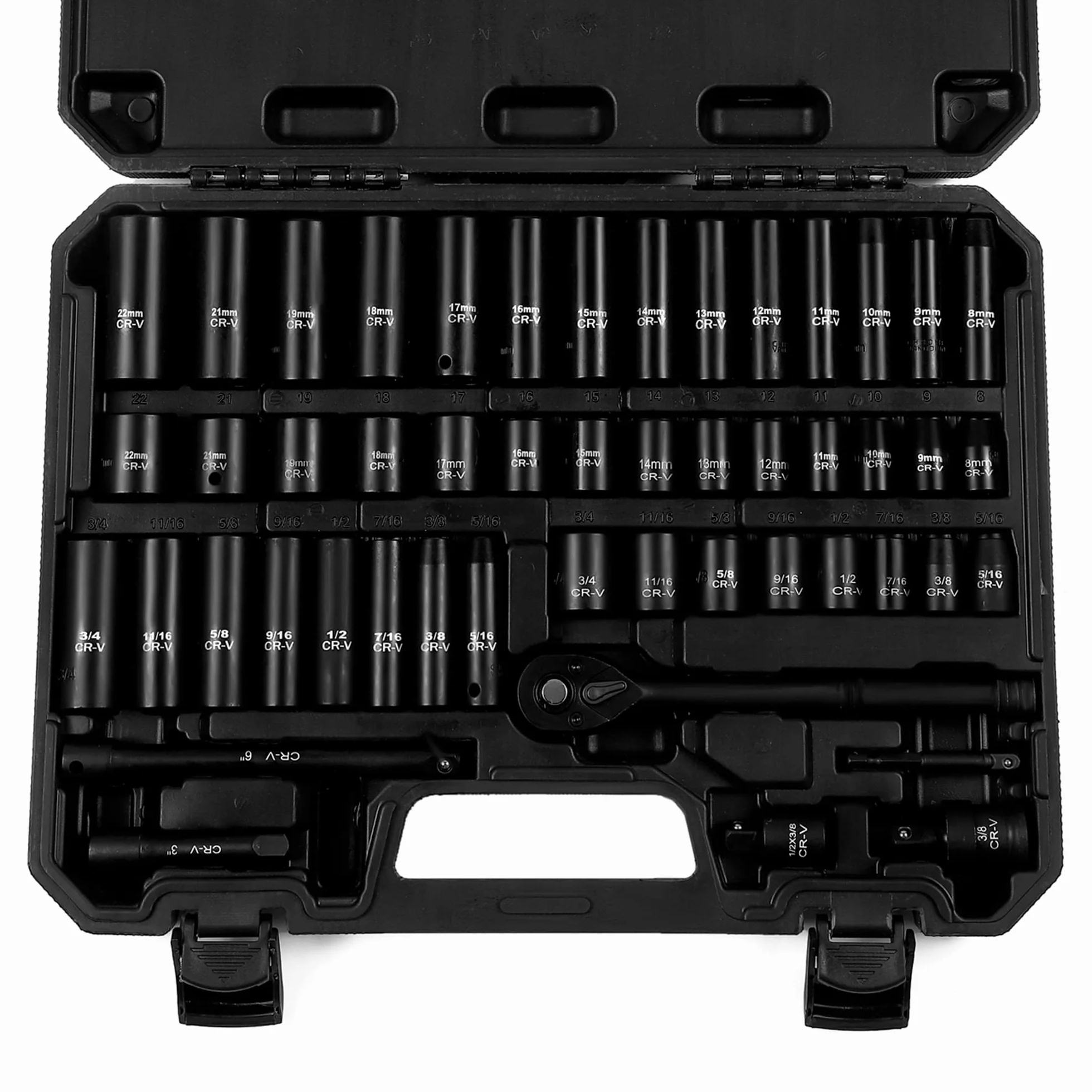 Reniteco 50-częściowy zestaw nasadek z napędem 3/20.3 cm, SAE (5/40.6 cm-3/10.2 cm) i metryczne (8 mm-22 mm), głębokie i płytkie, klucz grzechotkowy 72-zębowy, pręty przedłużające, reduktor 1/5.1 cm F