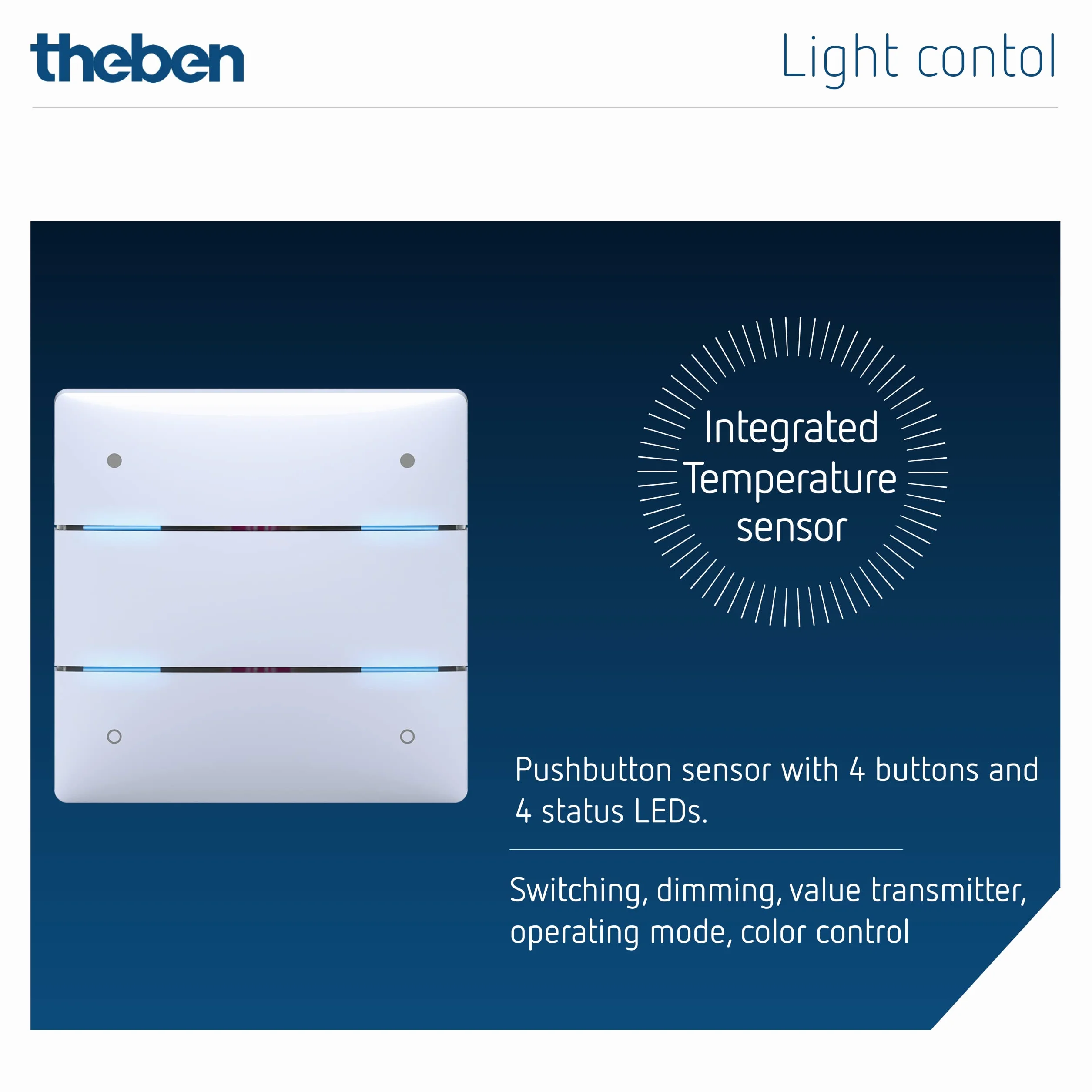 Theben 4969234 iON 104 KNX czujnik dotykowy 4-przyciskowy Secure | 4 diody LED stanu, czujnik temperatury, przełączanie, ściemnianie, żaluzje, nadajnik wartości, sceny, kolory, sekwencje