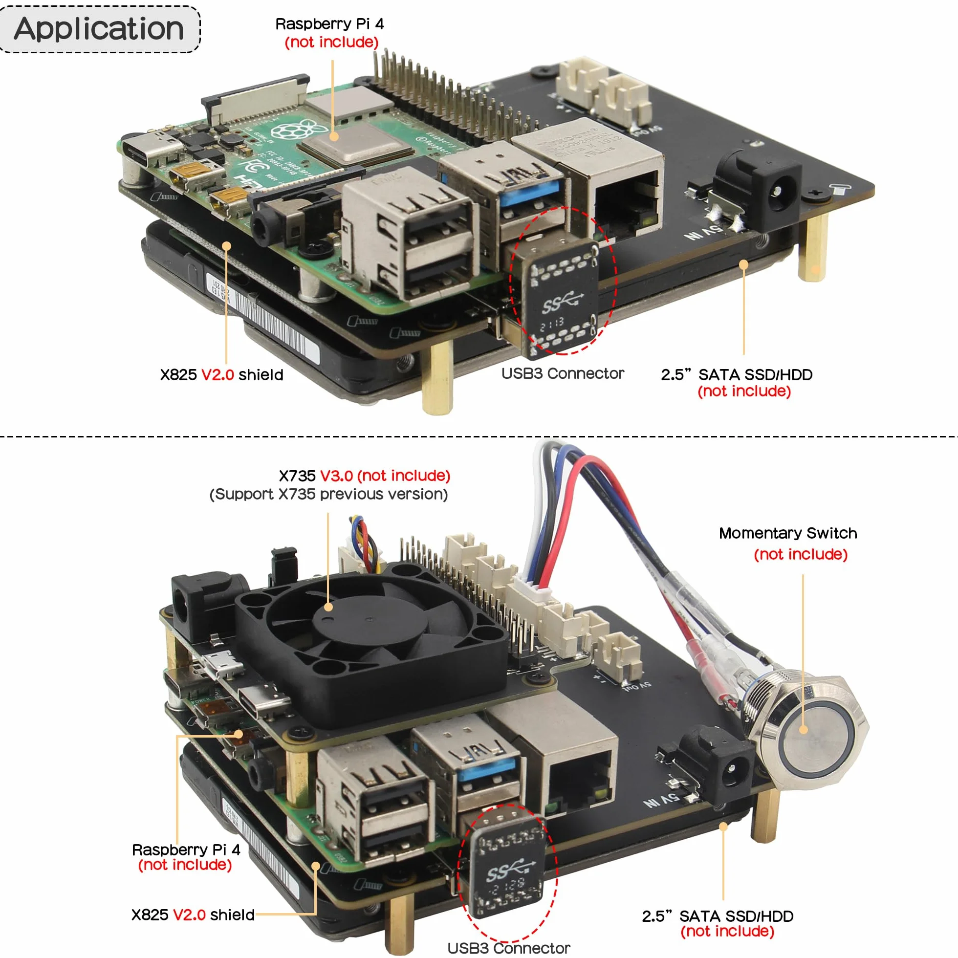 Geekworm Raspberry Pi 4 SATA X825 V2.0 płyta rozszerzeń pamięci masowej 6.3 cm HDD/SSD UASP kompatybilne z Pi 4 2 GB/4 GB/8 GB