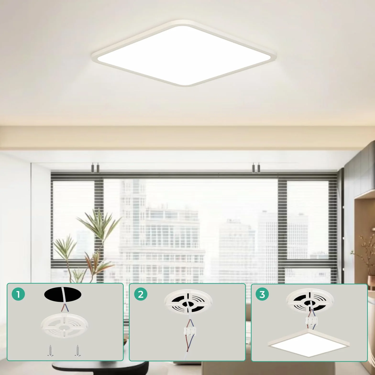 Lampa sufitowa LED 40 cm, 48 W, kwadratowa, nowoczesne lampy sufitowe 4000 K, 4800 lm, wodoodporna lampa sufitowa IP44, do sypialni, łazienki, salonu, kuchni, biura