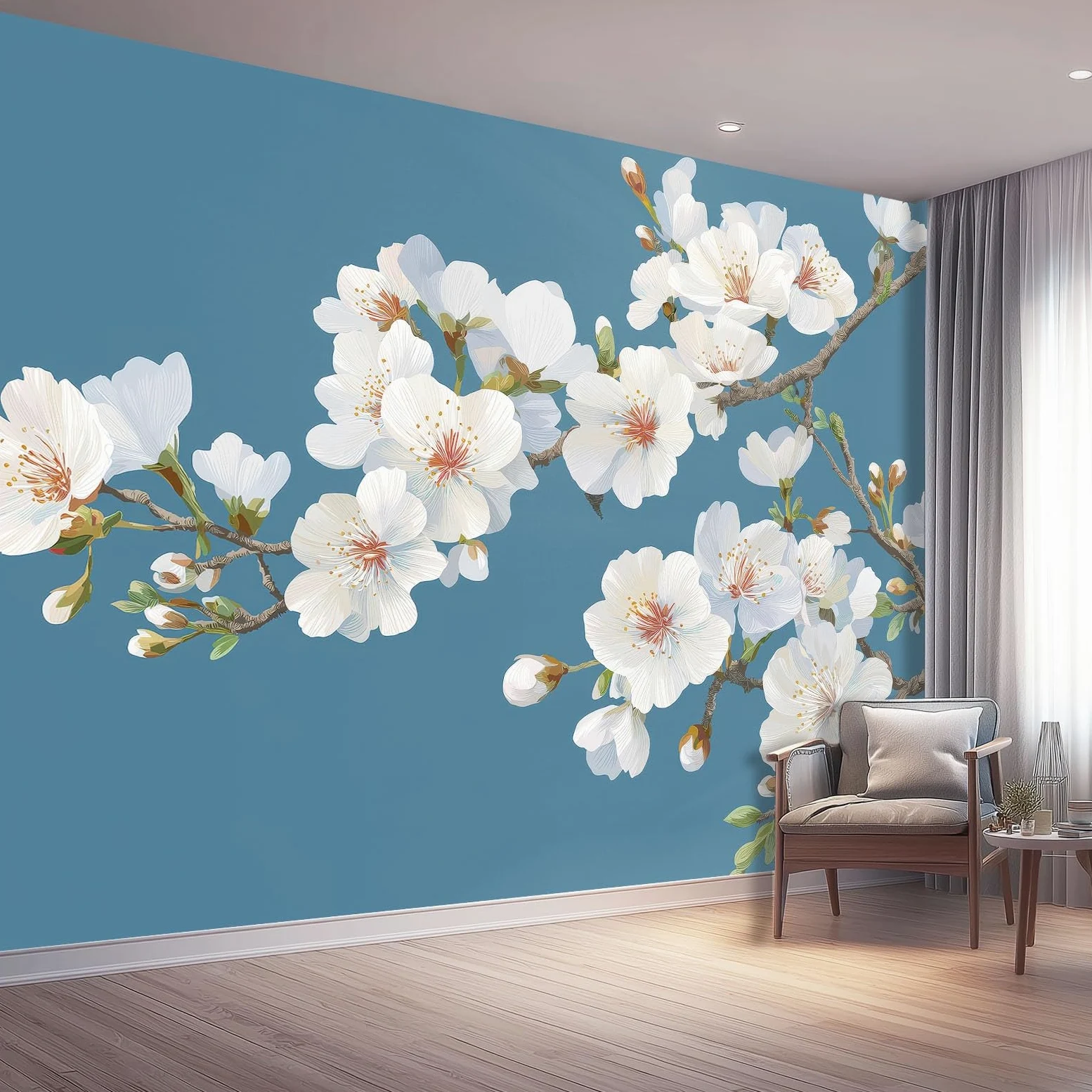 Fabryka Panoramiczna tapeta 350 x 256 cm Tapeta z włókniny, niebieskie gałęzie kwiatów płatki zdjęć wzór plakat dekoracja ścienna sypialnia salon