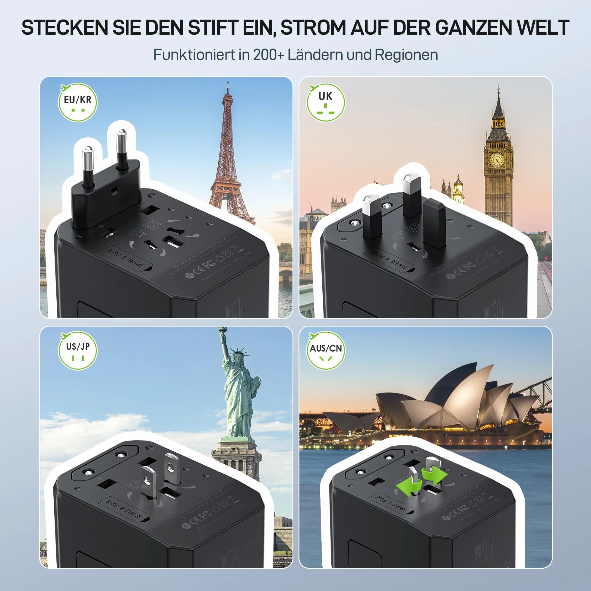 Epicka Uniwersalny adapter podróżny na cały świat PD Fast Charge, 45W szybkie ładowanie adapter podróżny z 3 USB i 2 USB C, uniwersalny dla UE USA UK Tajlandia Australia Adapter podróżny 105s