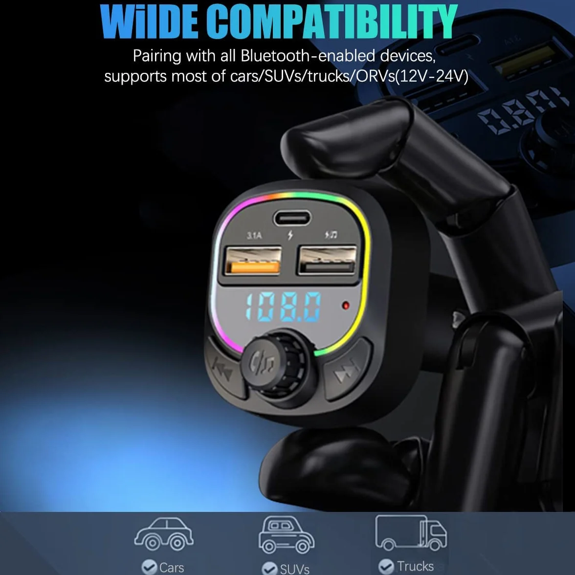Adapter samochodowy Bluetooth 5.0 FM z QC3.0 Type-C 5V/3.1A