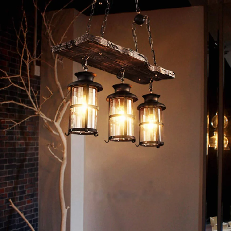 Lampa wisząca w stylu vintage, E27, industrialny żyrandol, styl vintage, drewno, lampa wisząca, czarne żelazo, szkło, abażur, lampa wisząca z regulacją wysokości, 3 płomienie oświetlenia, loft