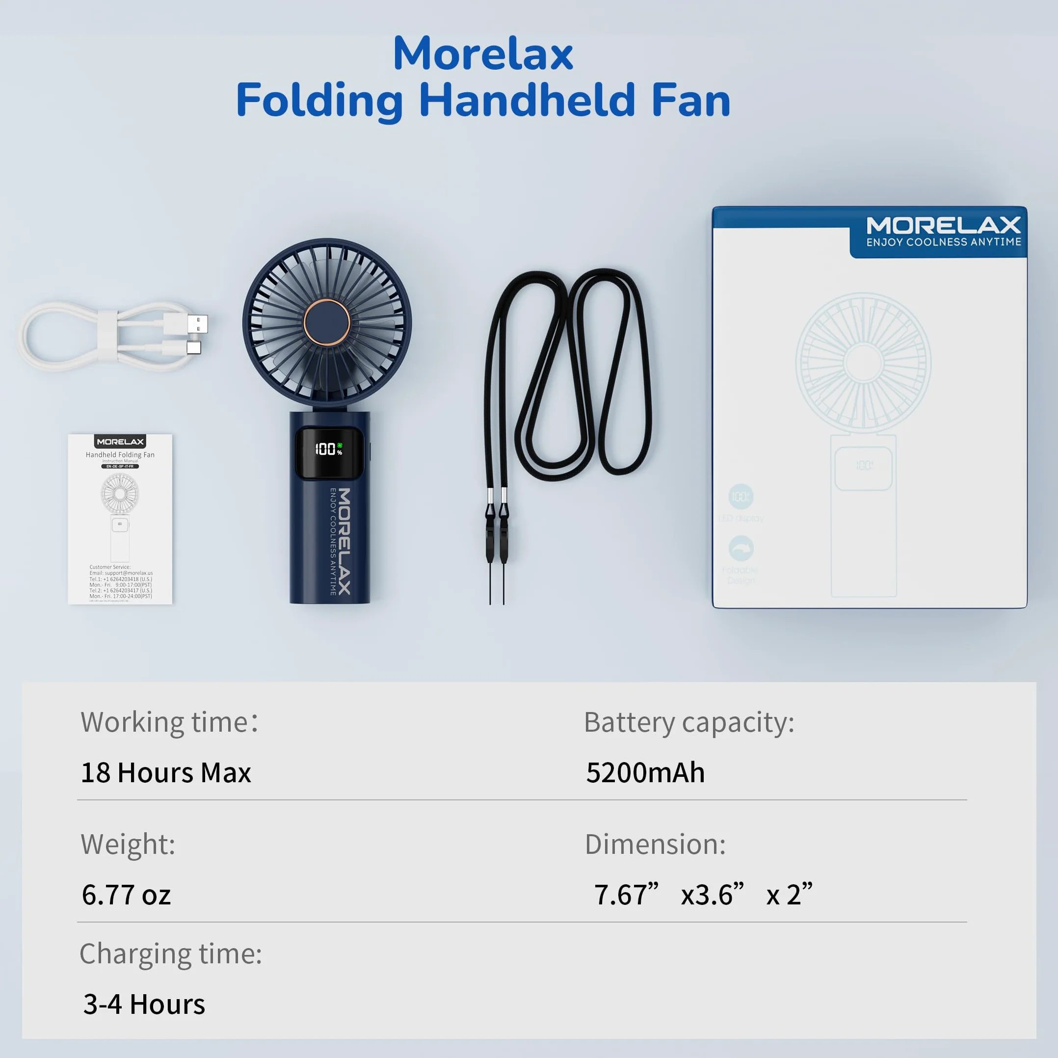 Przenośny Wentylator Ręczny 5200mAh Składany USB 6 Biegów Niebieski