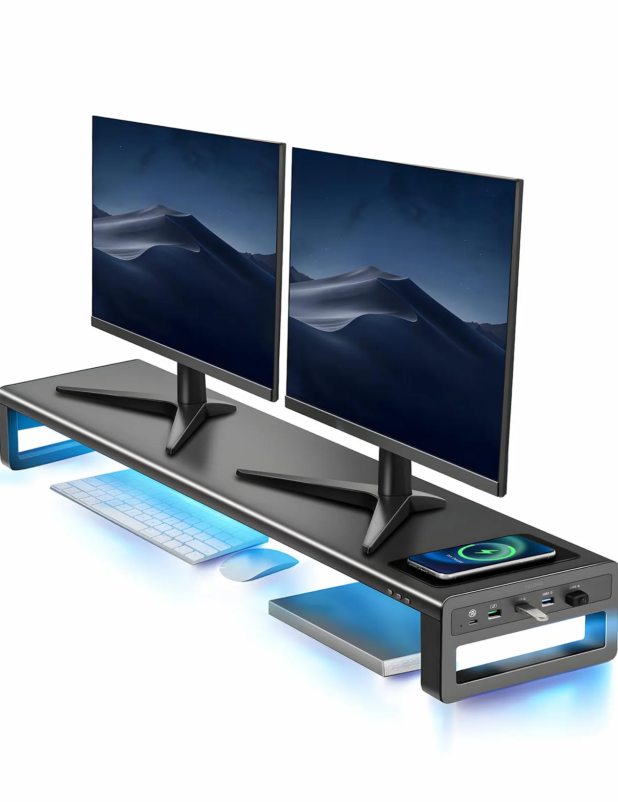 Vardeer Podwójny Stojak na Monitor Metalowy z Bezprzewodowym Ładowaniem i 4 Portami USB, Obsługa 32 Cale, Czarny