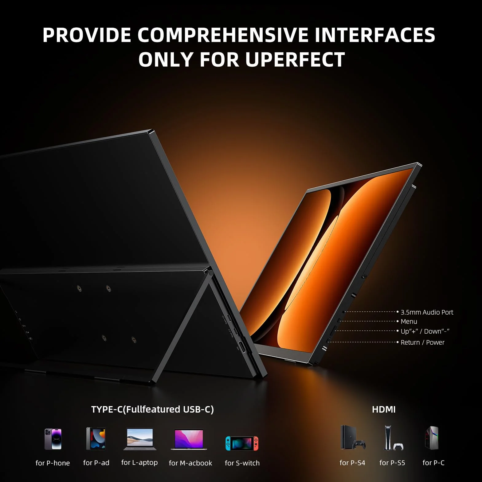 UPERFECT Przenośny monitor 4K UHD 3840x2400 400 nitów 100% sRGB 10-bit kontrast 1300:1 Eye Care USB-C HDMI VESA