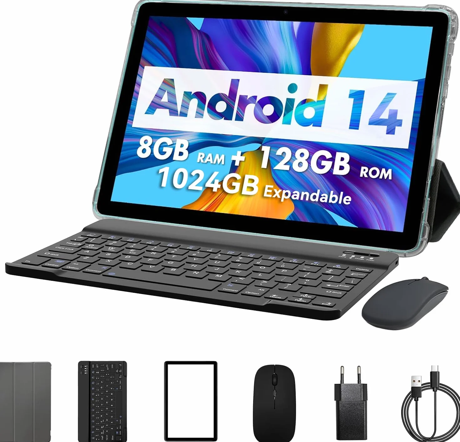 PRITOM 10-calowy tablet z systemem Android 14,3 w 1, 8 GB, 128 GB, z możliwością rozszerzenia do 1024 GB, 8000 mAh, tablet Wi-Fi, procesor Qcta-Core, Wi-Fi 6, Bluetooth, tablet z torbą, klawiaturą