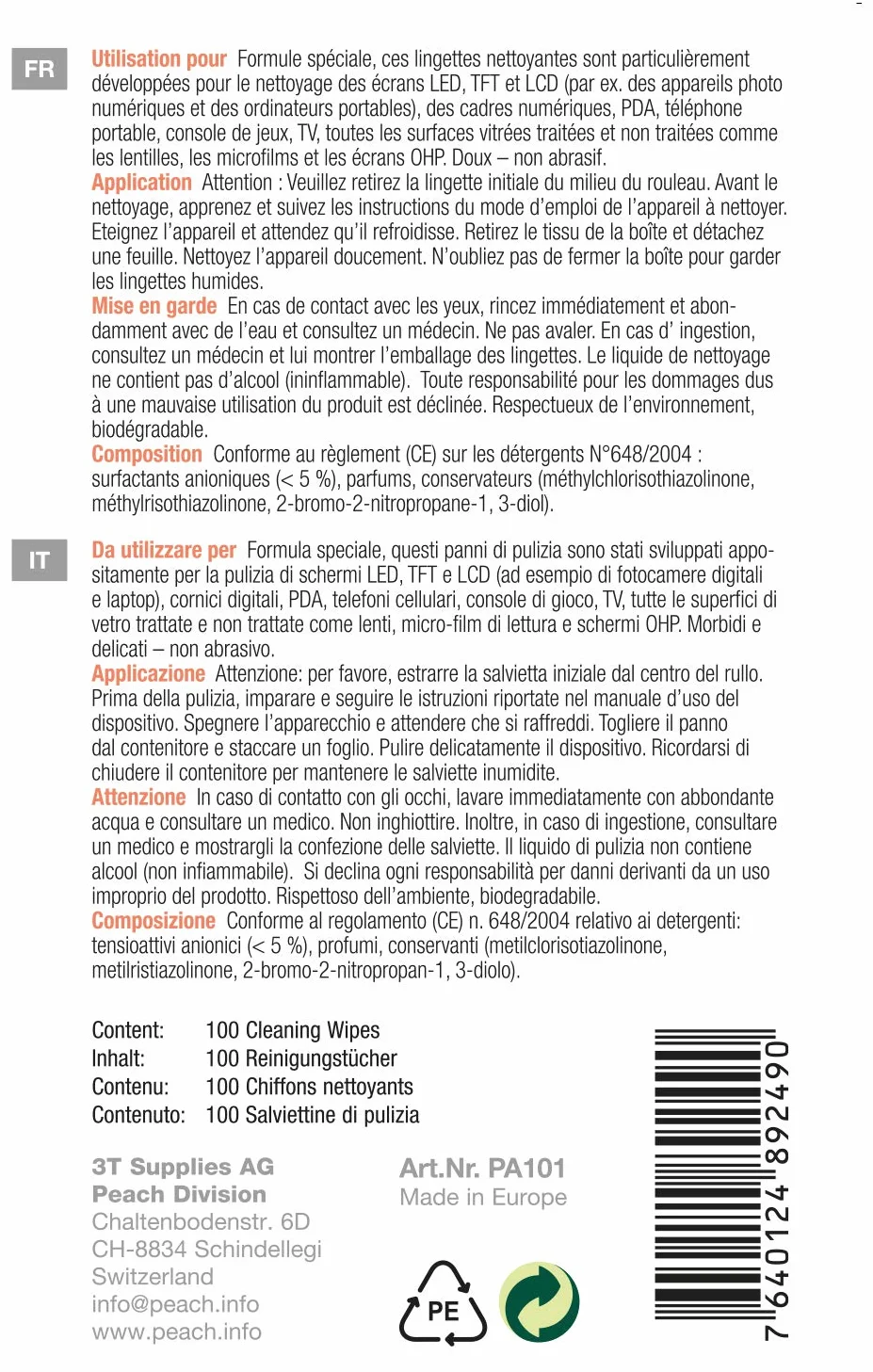 Peach PA101 wilgotne chusteczki czyszczące, 100 sztuk, czyszczenie ekranu, bez smug, do ekranów, laptopów itp.