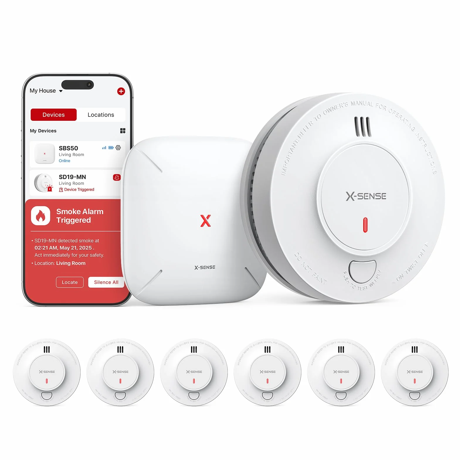 X-Sense Smart bezprzewodowy czujnik dymu z baterią 10-letnią i stacją bazową SBS50, fotoelektryczny sygnalizator pożarowy, radiowy, SD19-MN61, 6 sztuk