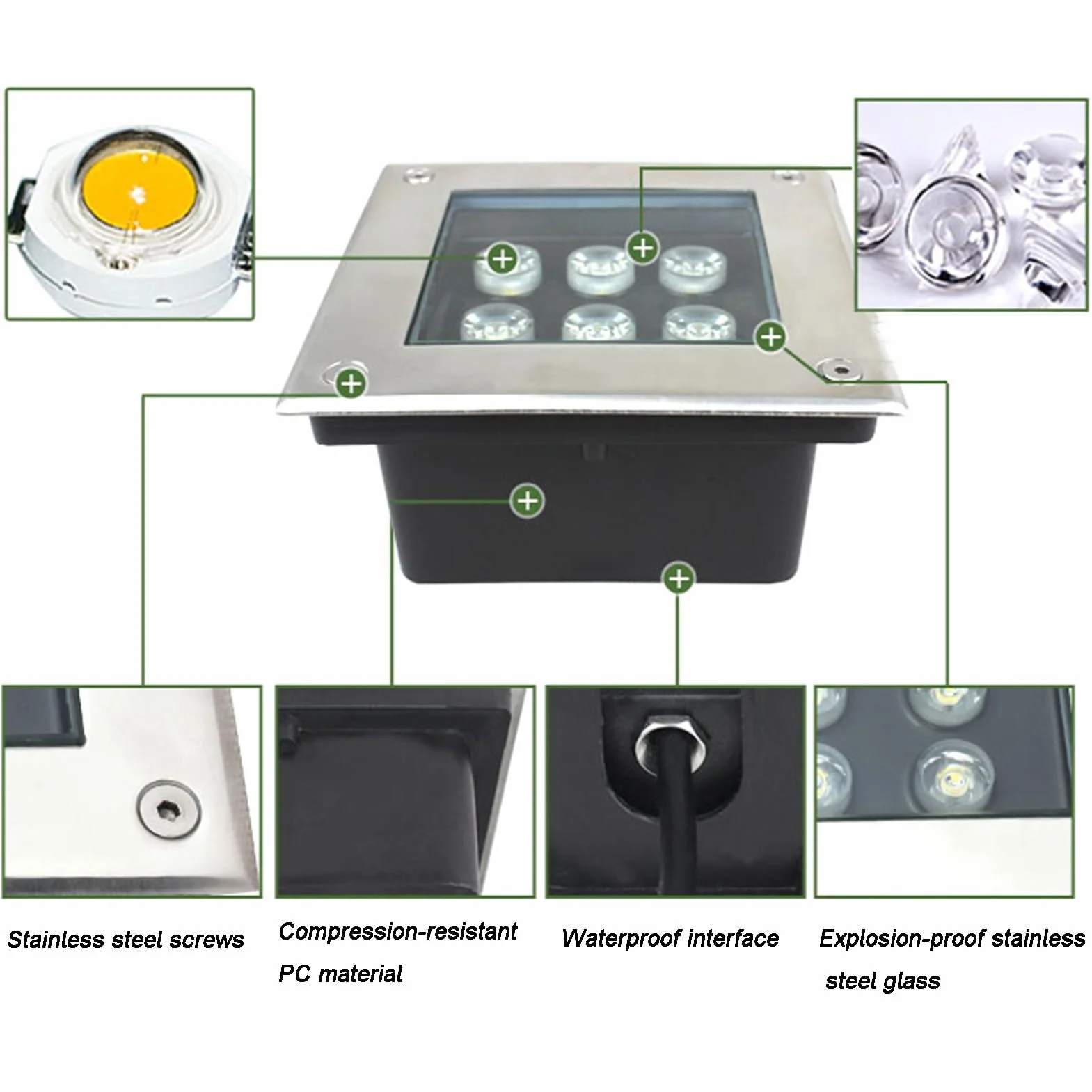 Oświetlenie krajobrazu LED - lampy podłogowe LED, kwadratowa lampa pochowana, podwodne światło wpuszczane, materiał ze stali nierdzewnej, wodoodporny reflektor podłogowy IP67 do oświetlenia ogrodu