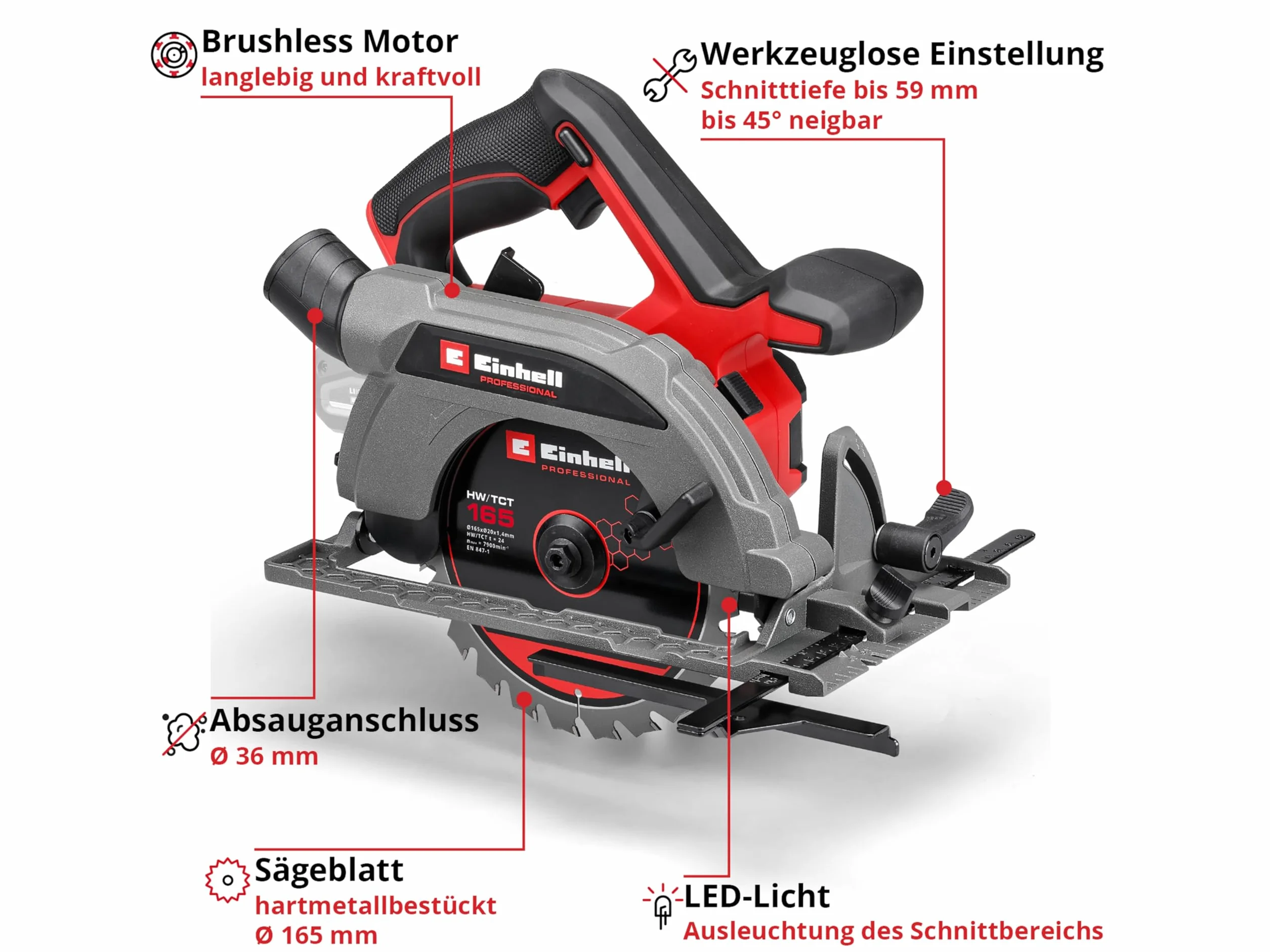 Einhell Profesjonalna akumulatorowa piła tarczowa 18 V Power X-Change, bezszczotkowa, Ø 165 mm ostrze piły, beznarzędziowa regulacja kąta cięcia, bez baterii TC-CS 1410 Solo