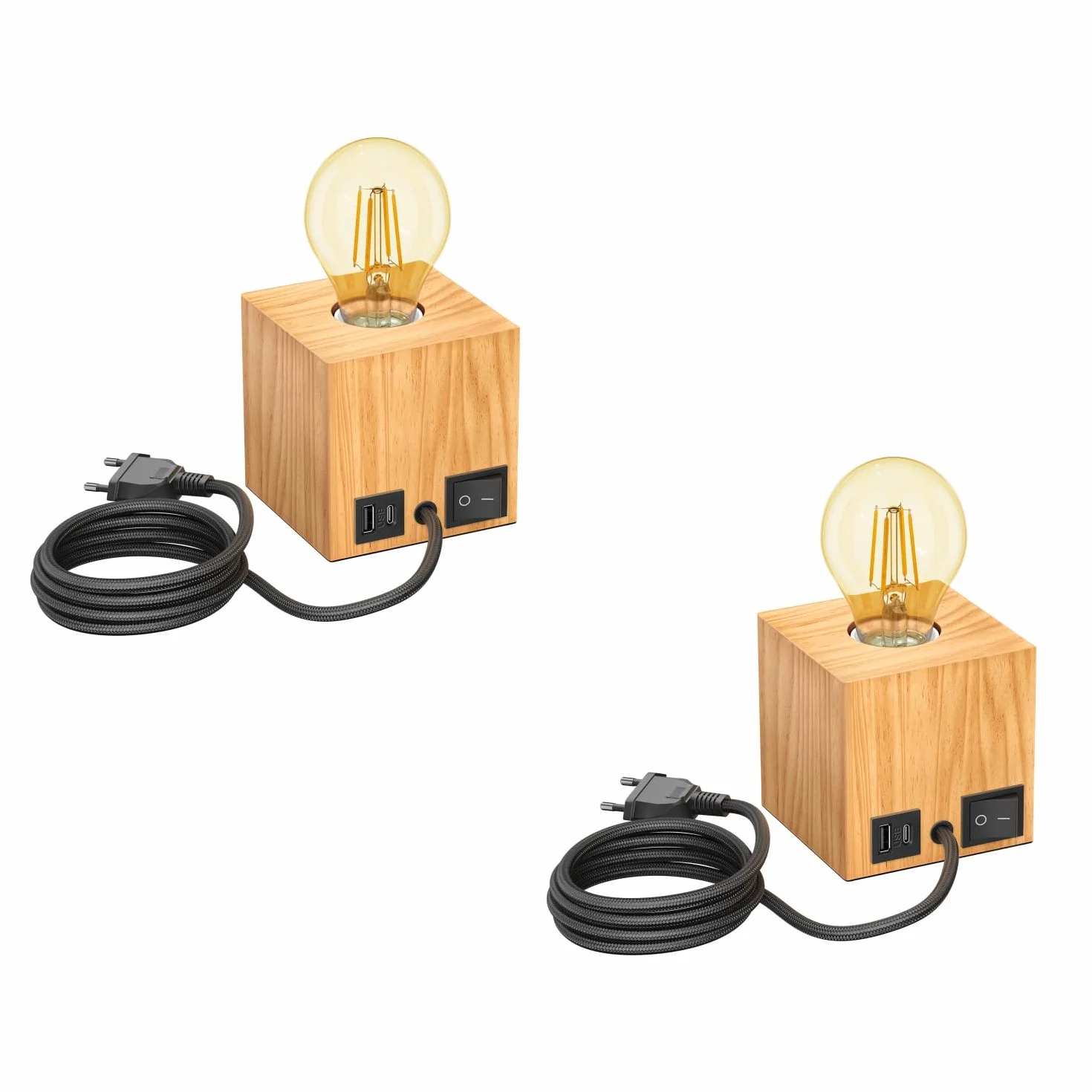 ledscom.de 2x lampa stołowa HITO, z litego drewna, prostokątna, z zasilaniem USB, w zestawie żarówka E27 w kolorze złotym, 471 lm, bardzo ciepła biel