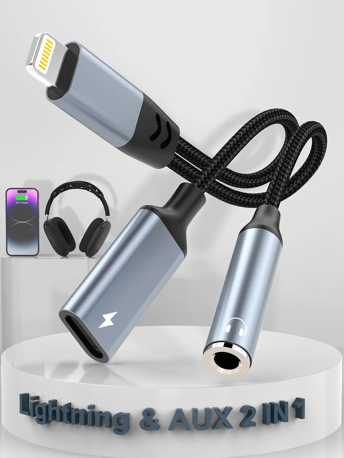 Adapter Lightning 2 w 1 do słuchawek 3,5 mm iPhone MFi konwerter muzyka ładowanie HiFi