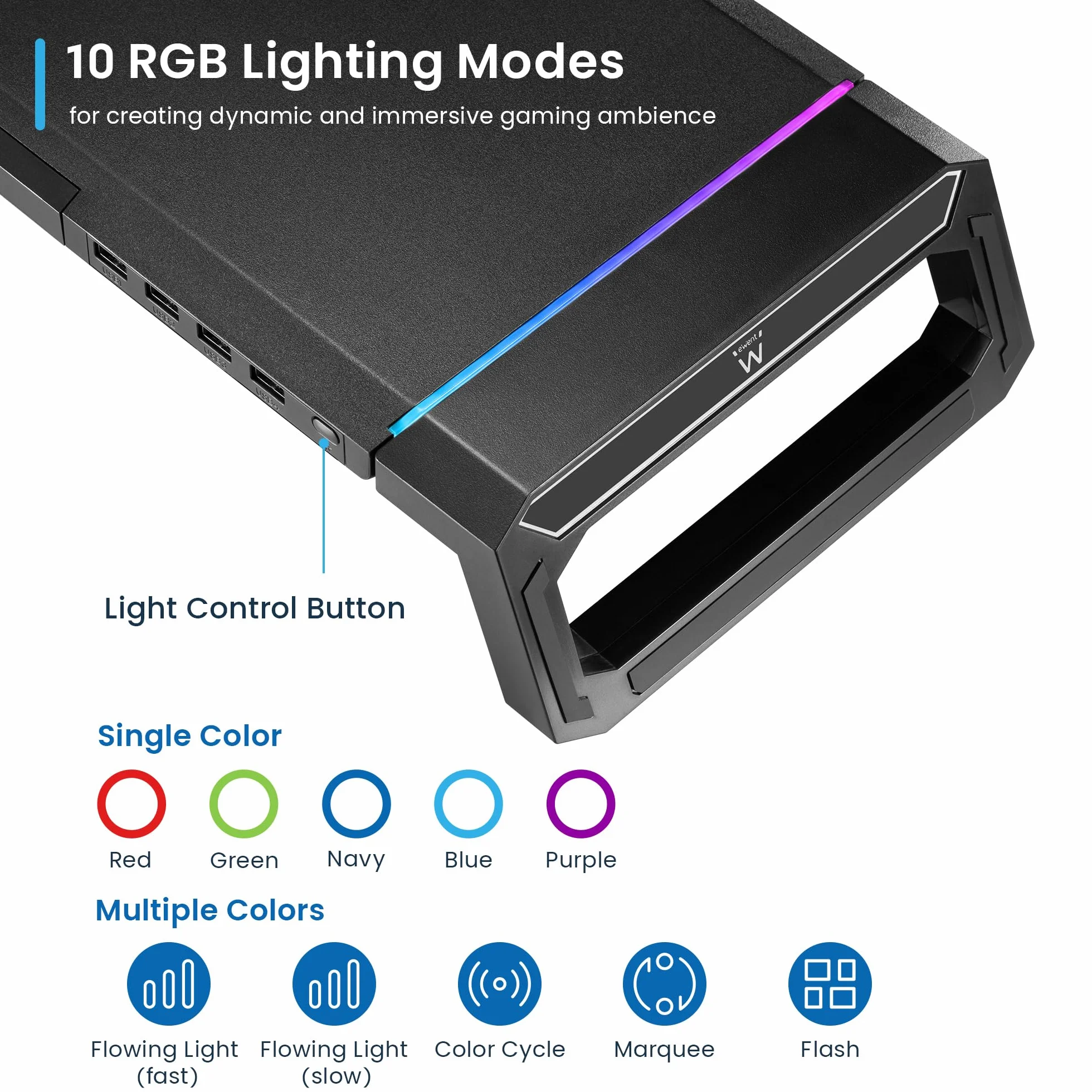 Ewent Stojak na monitor RGB regulowany z szufladą USB 3.2 Gen 1 czarny