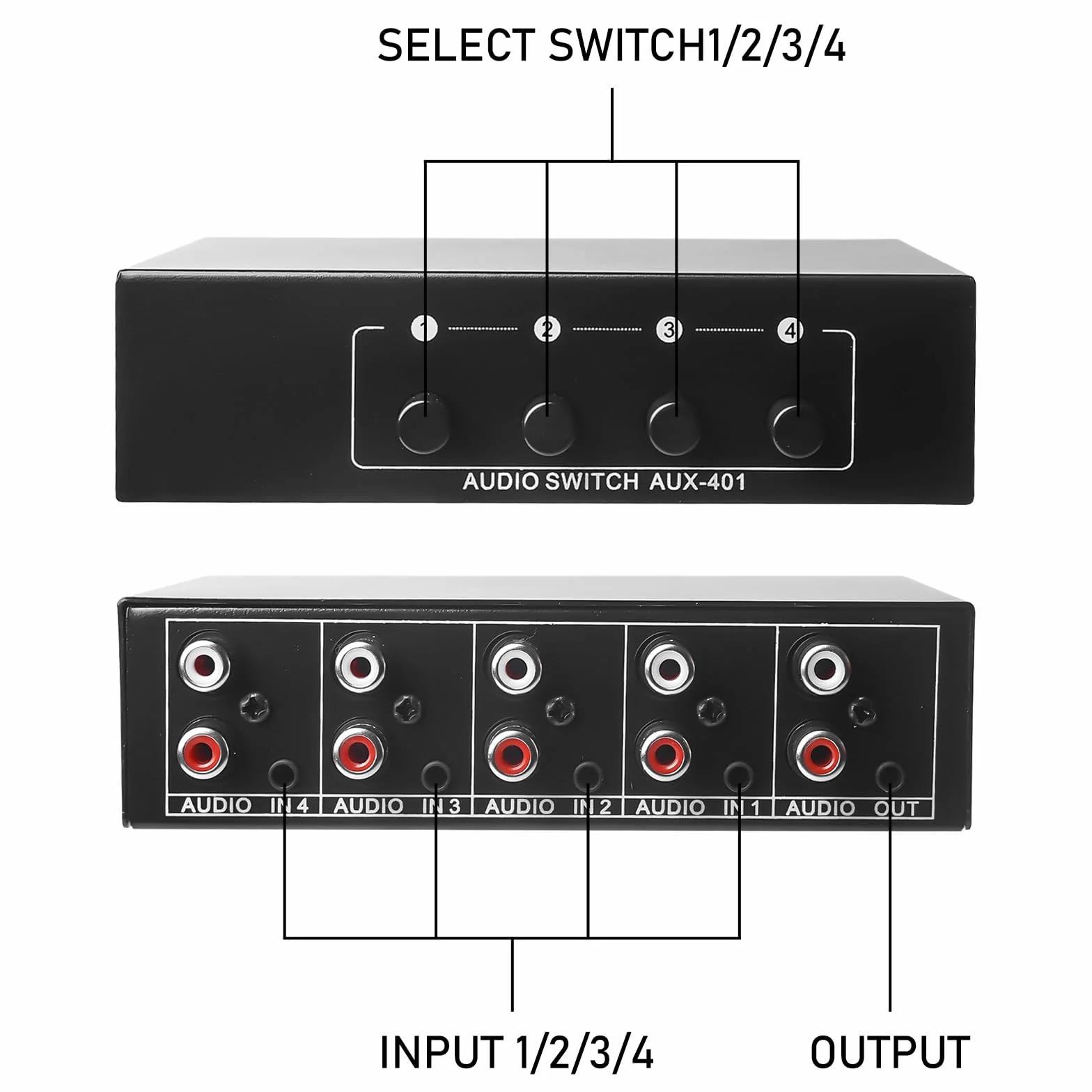 Aicharynic Przełącznik audio, przełącznik audio 4 w 1 wyjście, przełącznik audio pomocniczy 3,5 mm + RCA L/R, dwukierunkowy przełącznik audio, pole wyboru audio, rozdzielacz audio