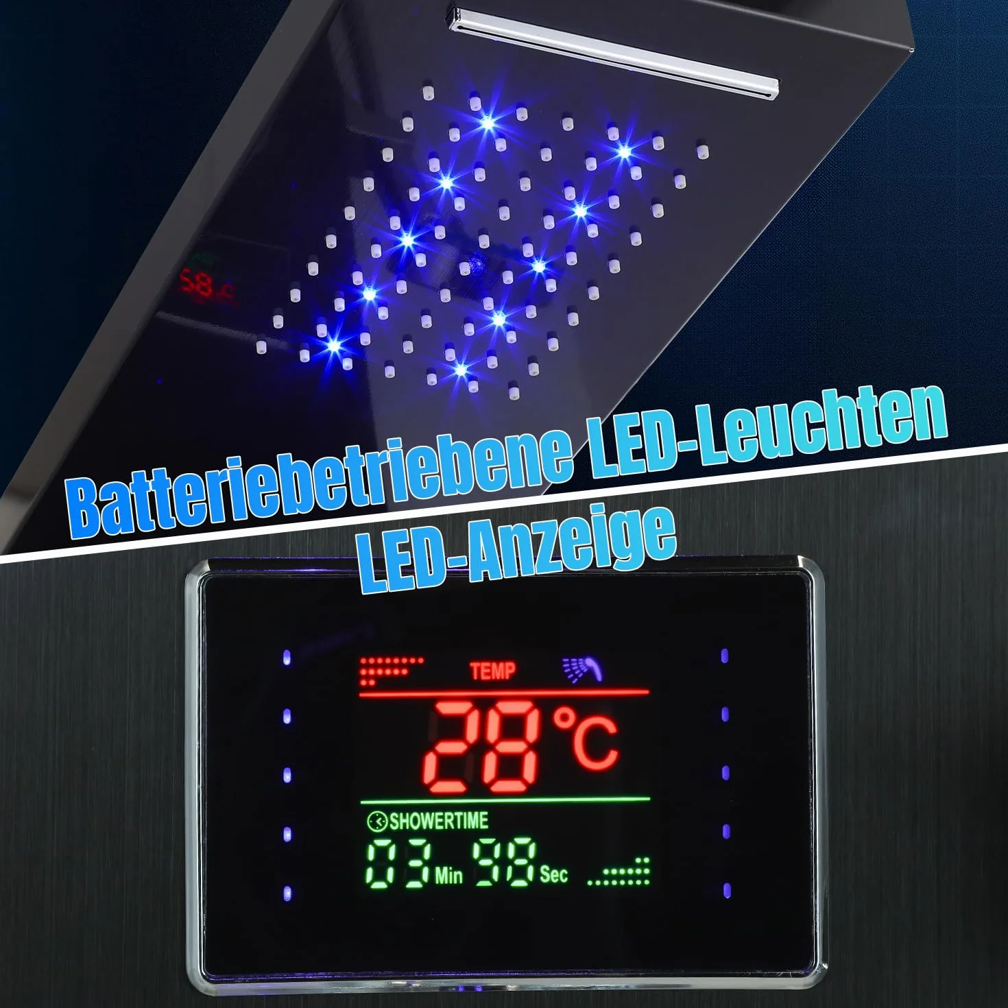 Panel prysznicowy z wyświetlaczem temperatury LCD, 6 funkcji wody, 304 czarno-tytanowa stal szlachetna system prysznicowy wodospad, deszczownica, prysznic z masażem, słuchawka prysznicowa