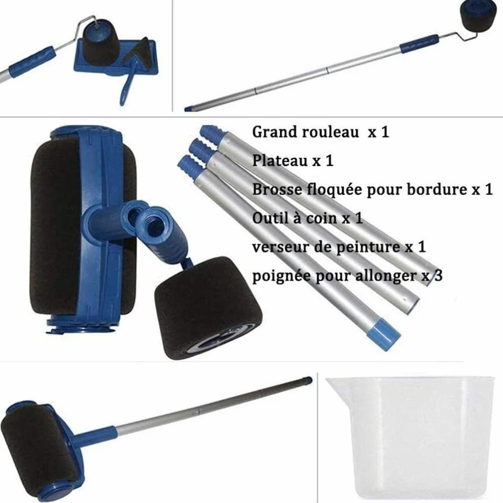 Zestaw wałków do malowania z drążkiem przedłużającym i systemem zapobiegającym rozpryskiwaniu narożników i nalewaczem w zestawie Easy Flow Blue Paint Runner Pro Kit