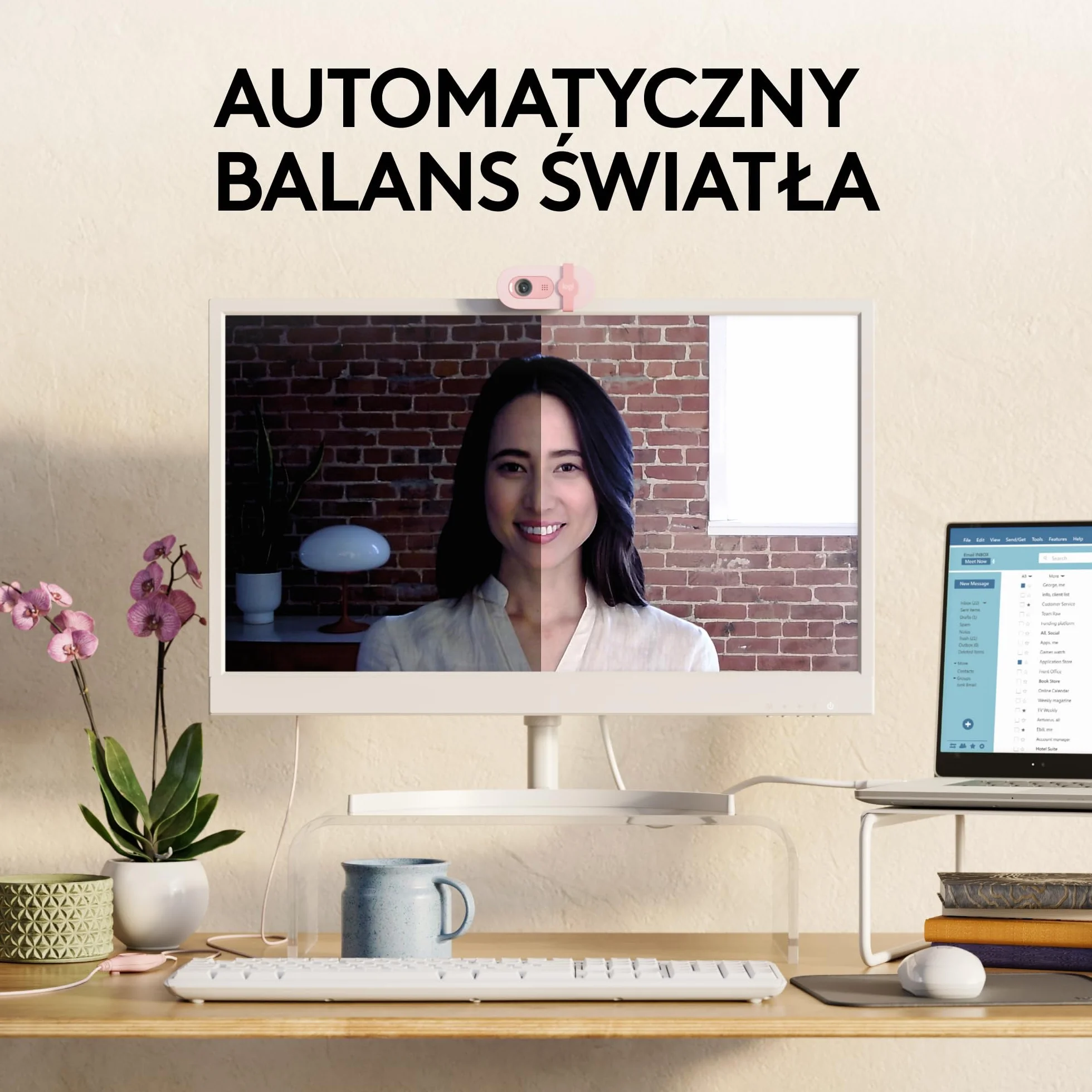 Logitech Brio 100 Full HD Kamera do spotkań, automatyczny balans światła, wbudowany mikrofon, USB-A, Róża