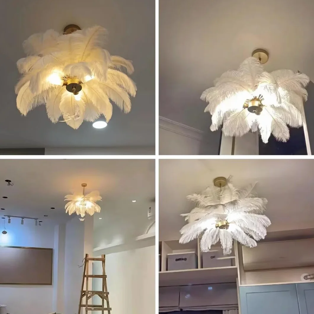 GUANSHANfeder Straußenfeder-Pendelleuchte und Deckenleuchte mit Kronleuchter und Lampa für Schlafzimmer, Wohnzimmer