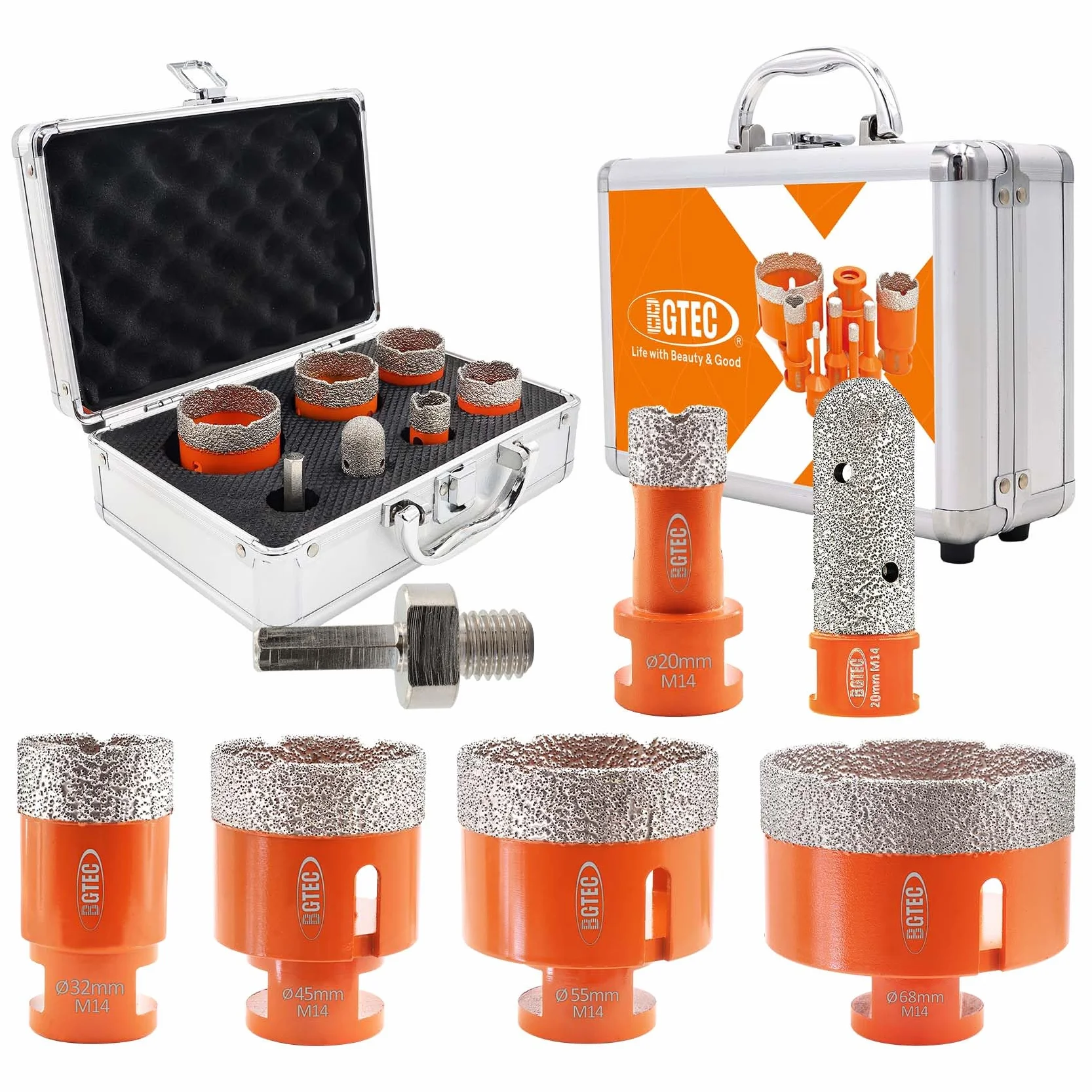 BGTEC Zestaw wierteł diamentowych 7 szt. / pudełko 20/32/45/55/68 mm lutowane próżniowo otwornica 1 szt. adapter z trzpieniem sześciokątnym i 20 mm wiertło diamentowe do płytek porcelanowych granitowych marmur