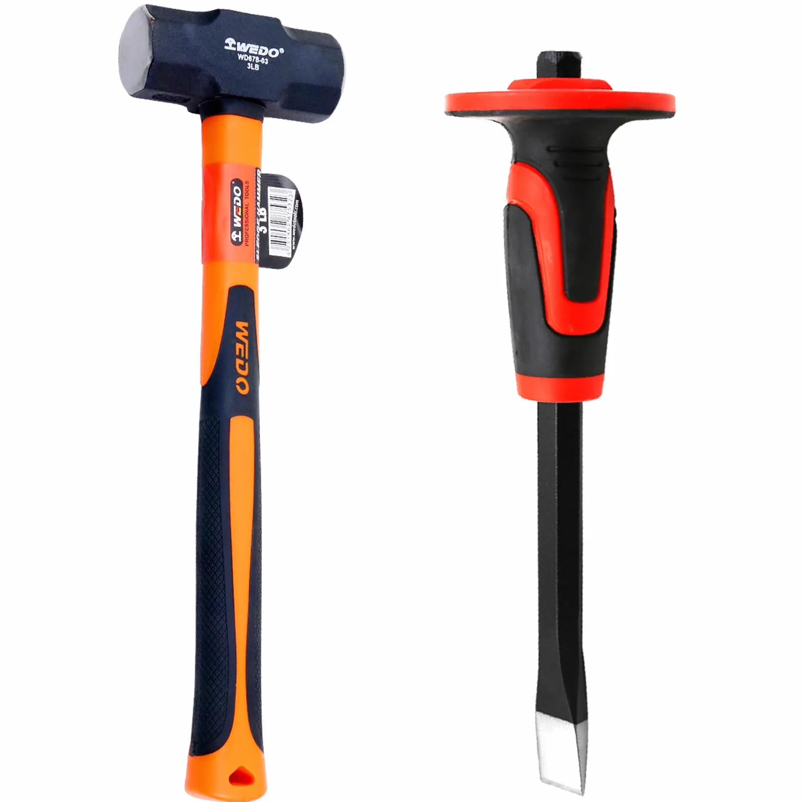 WEDO Młot kowalski 1,4 kg i płaskie dłuto 28 cm z ochroną dłoni, dłuto z płaską głowicą murarską i młotkiem klubowym, antypoślizgowy uchwyt, dłuto do betonu do wyburzania kamienia, łamania rzeźbienia
