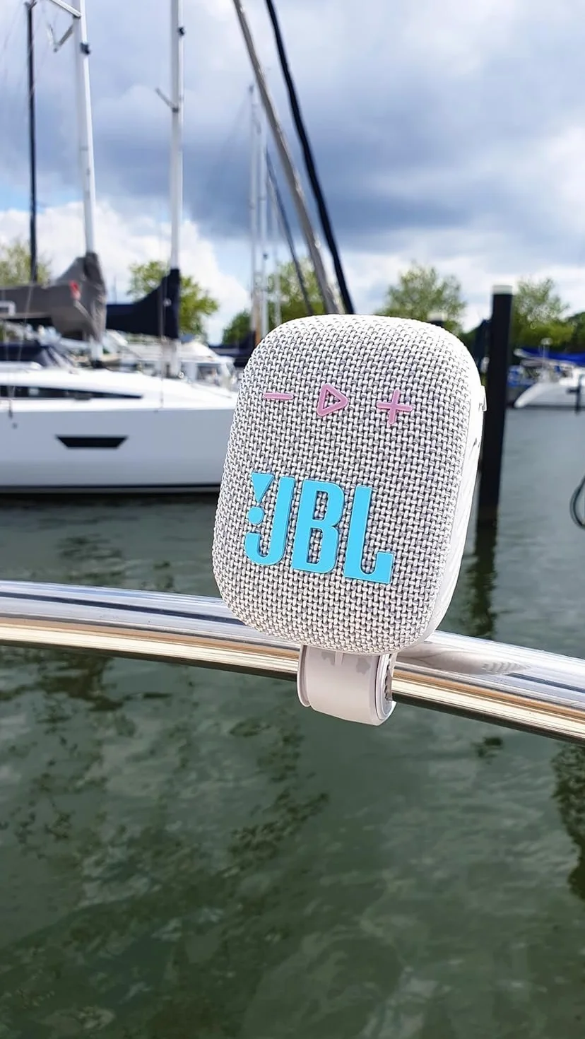JBL Box Wind 3S przenośny mini głośnik Bluetooth, wodoszczelny, z klipsem, do uprawiania sportu, roweru i skutera, Bass Boost - biały, jasnoszary
