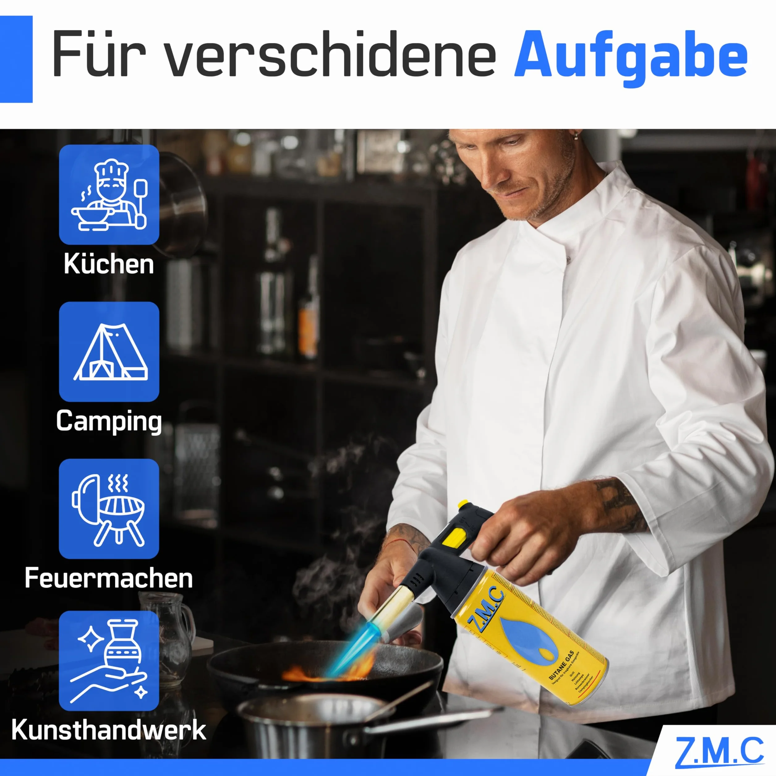ZMC palnik do lutowania, zapalarka gazowa z zapłonem piezoelektrycznym + 4 x kartusze 227 g | nasadka Bunsena, palnik do flambira, zapalarka węgielka, lampa lutownicza