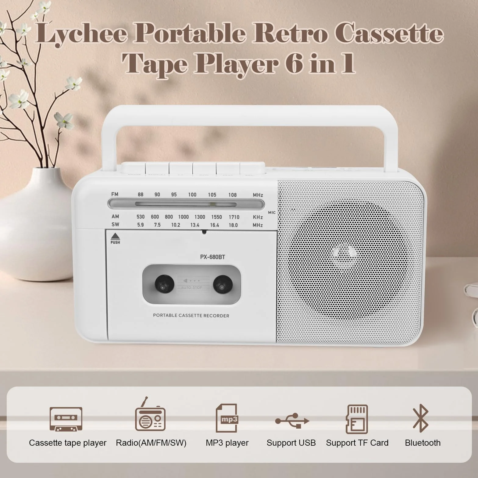 Lychee Przenośny magnetofon kasetowy vintage z radiem AM/FM/SW, wbudowany głośnik, gniazdo słuchawkowe AC/DC/3,5 mm, obsługa karty TF / wejście USB (biały)