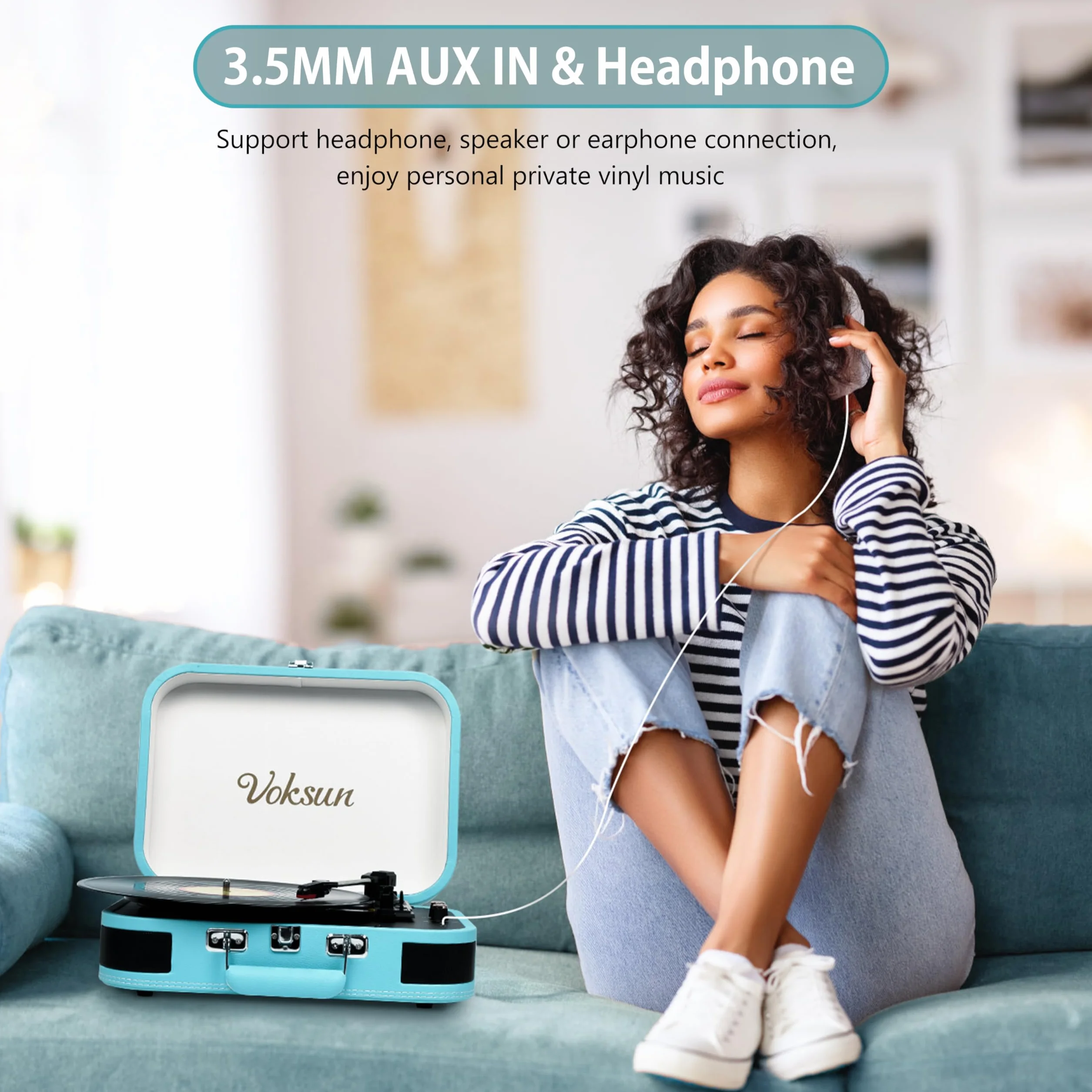VOKSUN Przenośny Gramofon Vintage Bluetooth 3 Prędkości USB AUX RCA Niebieski