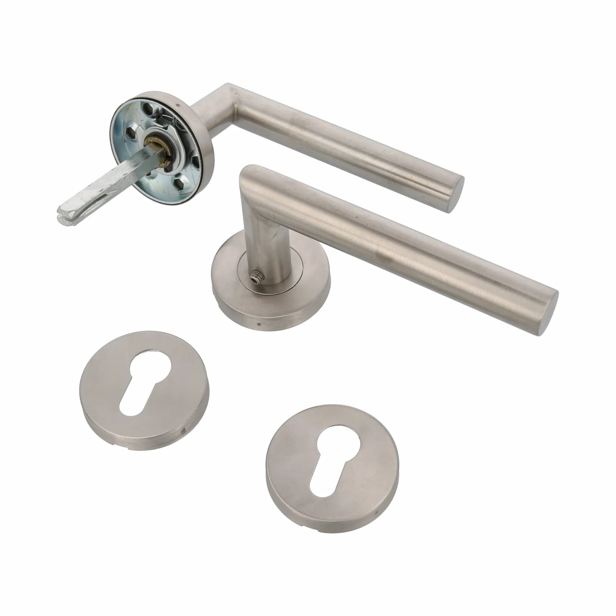 AMIG - Zestaw klamek do drzwi z rozetą | 136 x Ø19 mm | Elegancki i prosty design | Idealny do domu lub biura | Stal nierdzewna | Matowe srebro | Zawiera klucz cylindrów