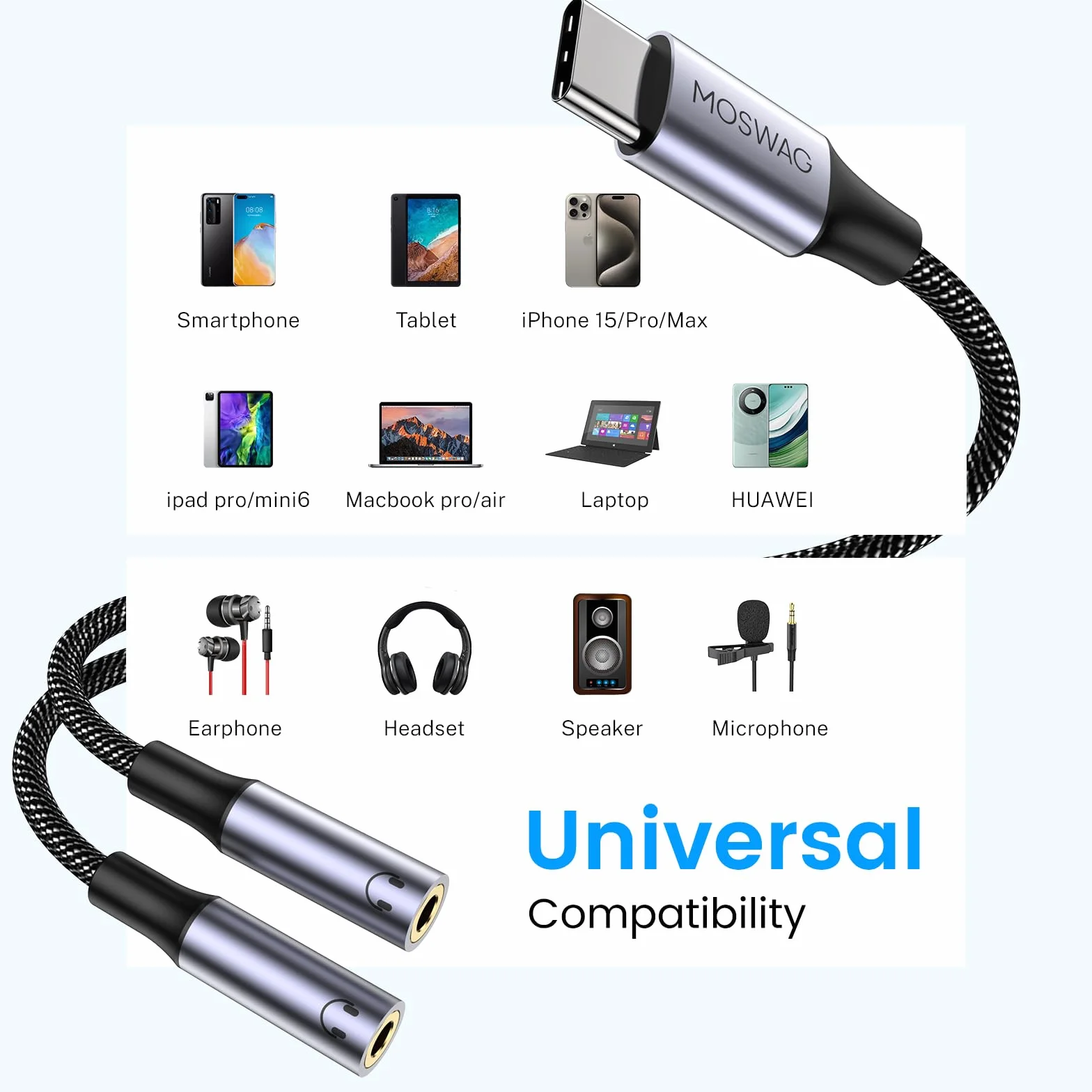 MOSWAG Rozdzielacz audio Y 3,5 mm, USB C, kompatybilny z iPhone 16 Pro Max/Plus, Pixel 8-5, Galaxy S24/S23/S22, A33/A54