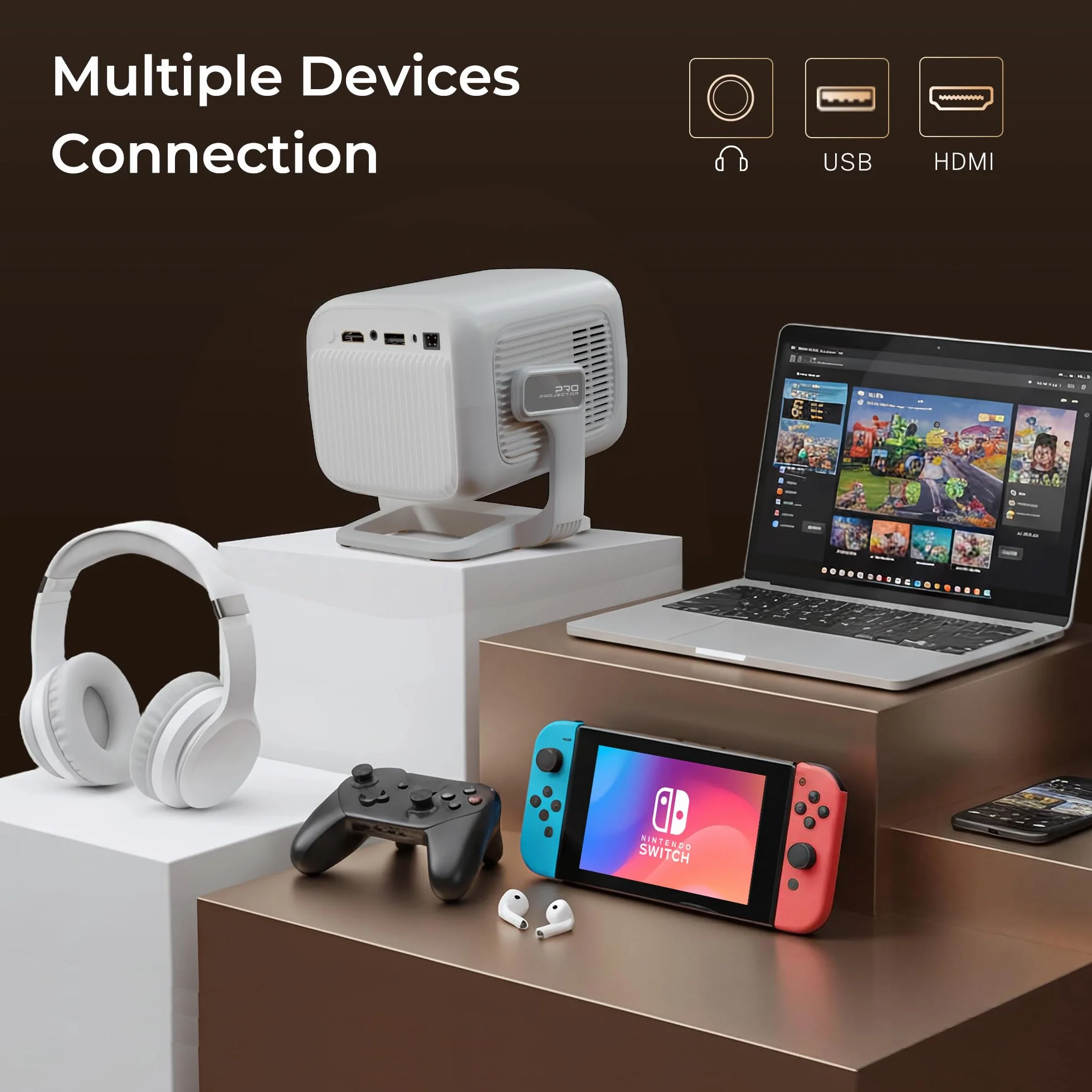LYNCAST Projektor Natywny 1080P 4K Auto Keystone WiFi 6 Bluetooth 5.4 Przenośny