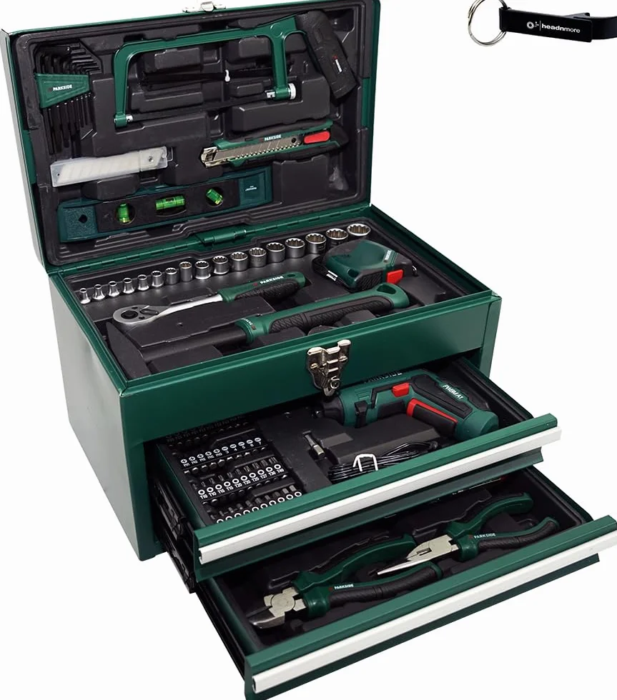 HEADNMORE® Bundle - PARKSIDE® zestaw narzędzi z wkrętarką akumulatorową 92-częściowy PWBM A1 metalowa walizka + brelok do kluczy