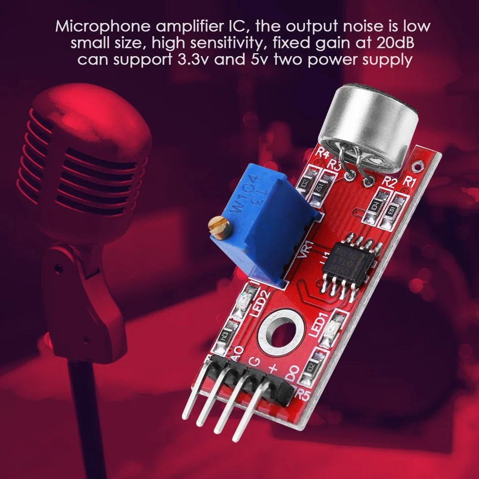 Moduł mikrofonu Akozon, moduł wzmacniacza audio o wysokiej czułości wyjście DC niski poziom szumów 20dB 3.3 V / 5 V czujnik dźwięku głosu dla