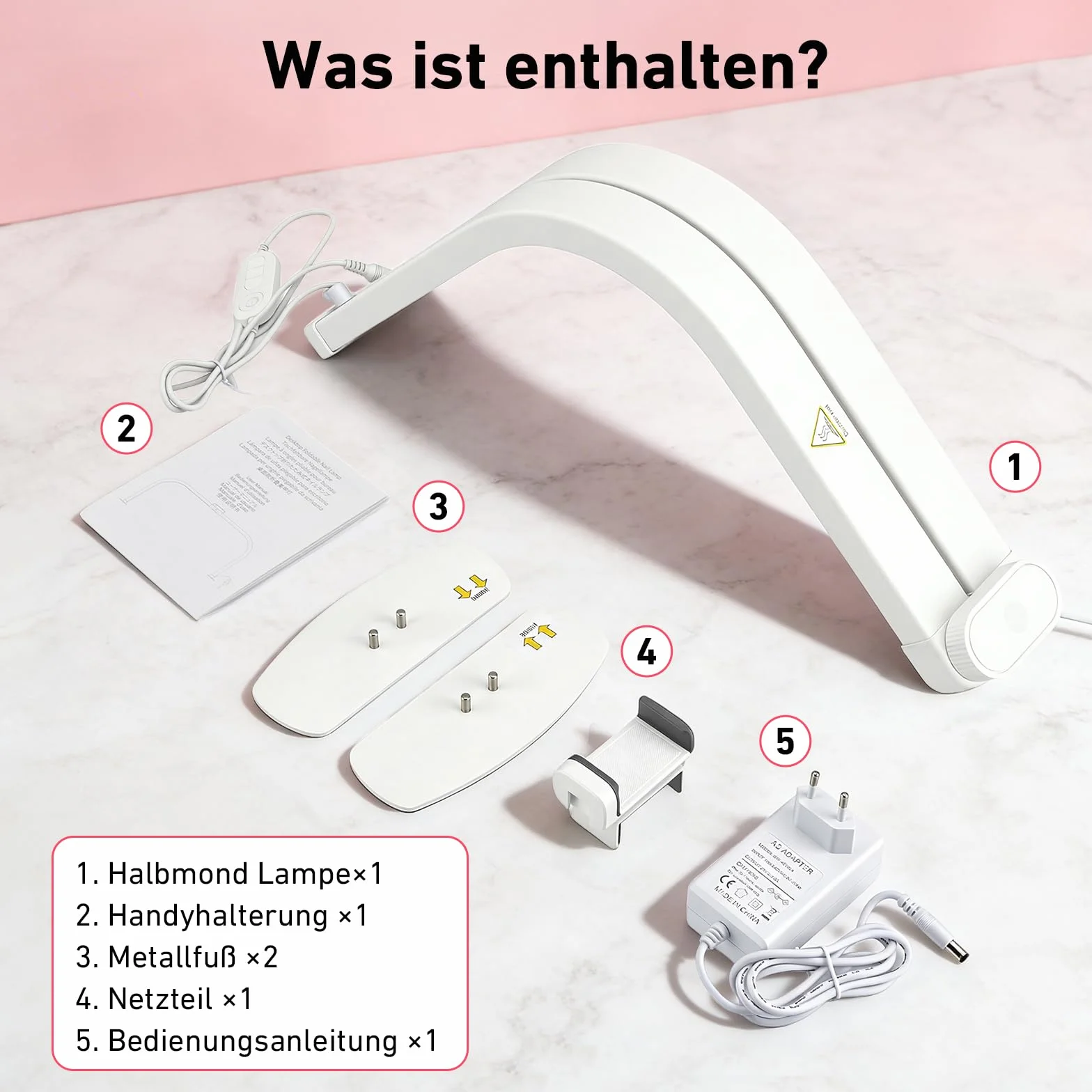 Lampa z półksiężycem, 70 cm, z uchwytem na telefon komórkowy, bardzo duża, składana lampka LED na stół z paznokciami z 3 trybami kolorów, 10 poziomów jasności, regulowana piękno, rzęsy