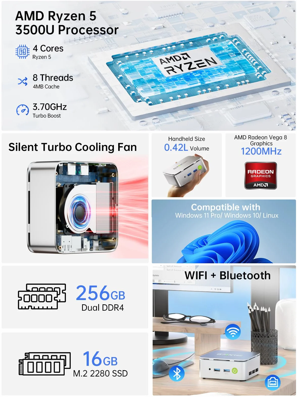 GMKtec (3-letnia AMD Ryzen 5 Mini-PC 3500U (bardziej wydajny niż 4300U/N150/N100/N95 4C/8T 4,50 GHz), G10 Mini-Komputer, 16GB DDR4 RAM 3200MHz + 512GB PCIe 3.0x4 SSD, WiFi 5/USB 3.2/USB-C/BT