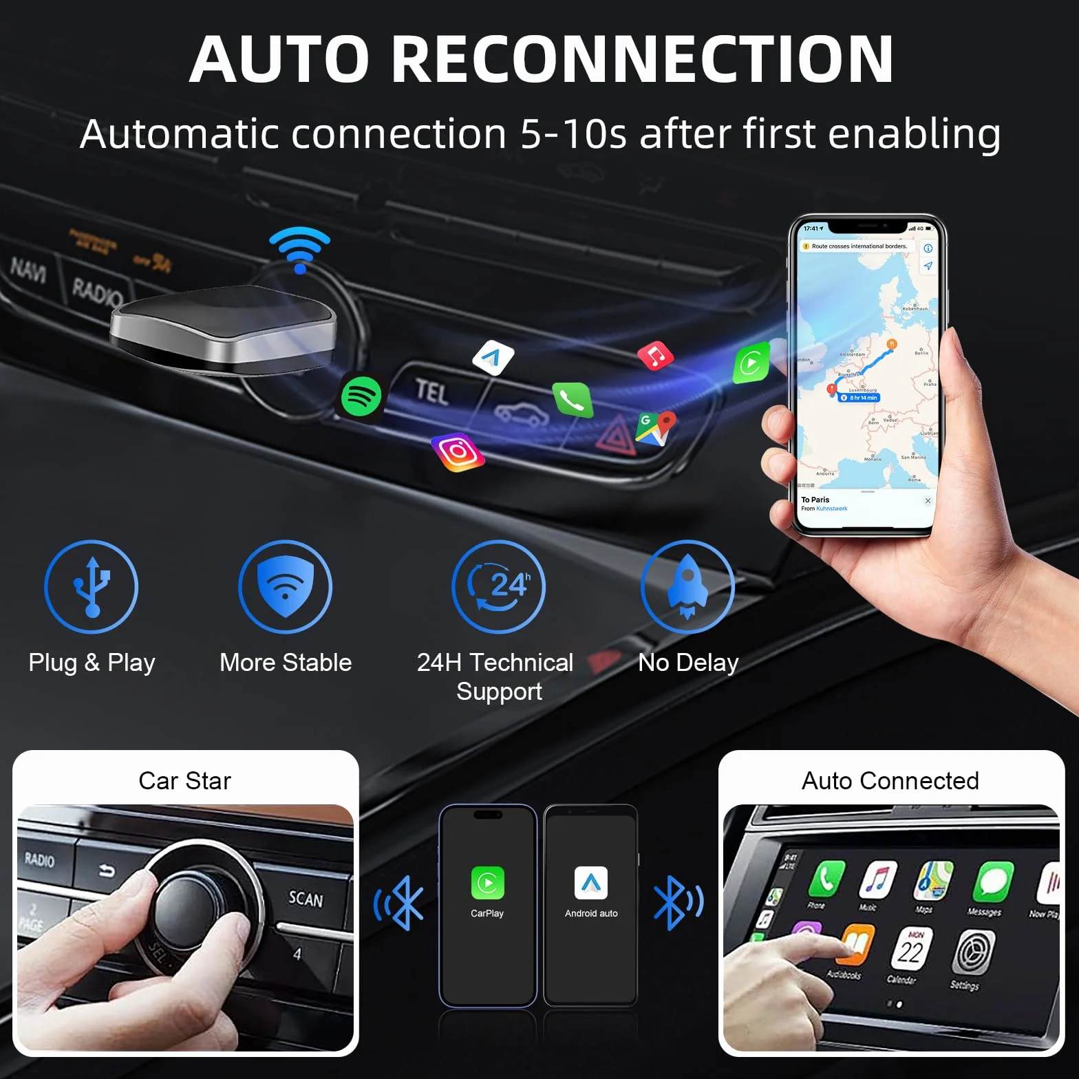 Bezprzewodowy adapter CarPlay Android Auto 2 w 1, Plug and Play, do samochodów z przewodowym CarPlay i Android Auto, obsługuje iOS 10+ i Android 11+ (jednokierunkowy Ende-075)