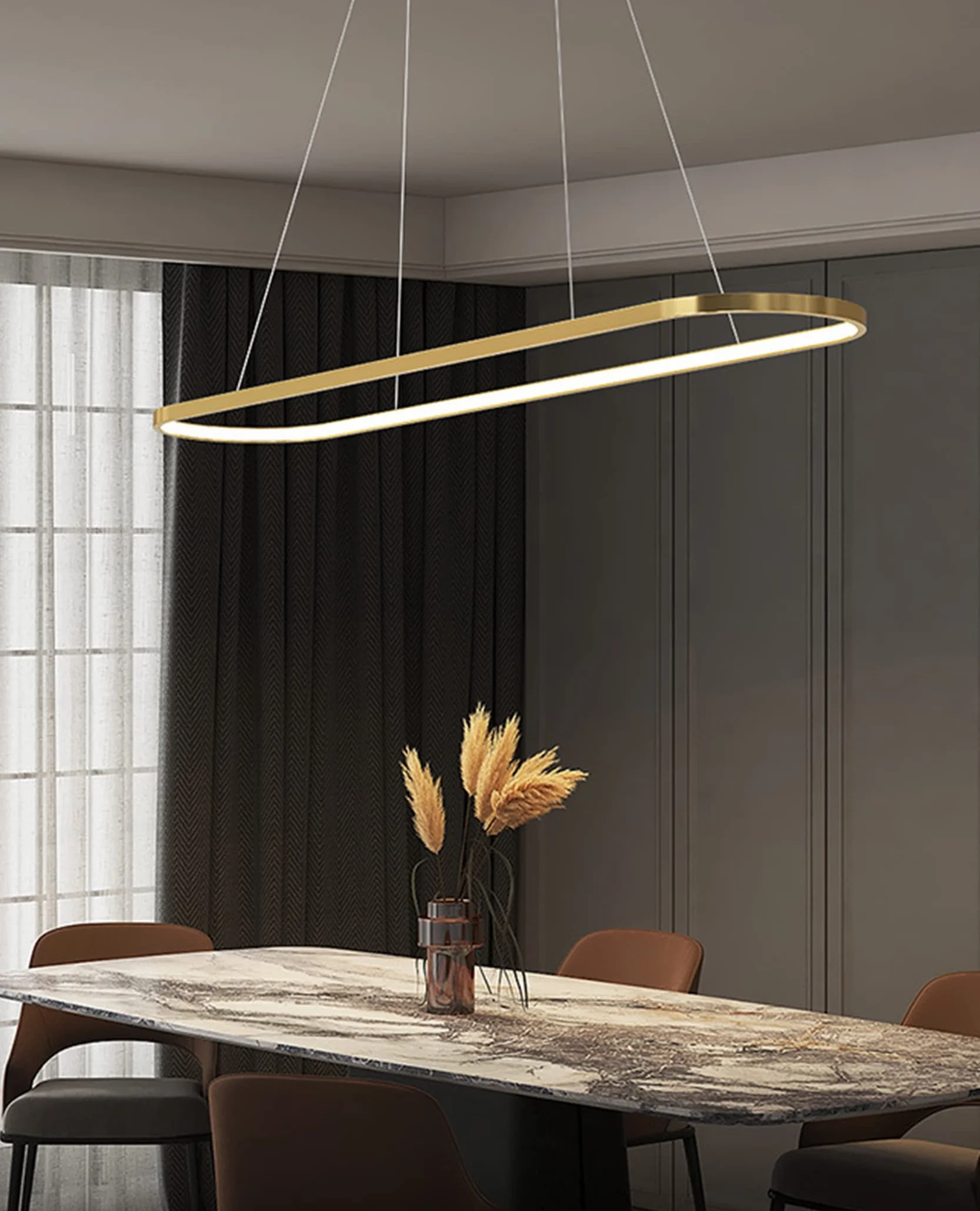 Lampa wisząca LED ściemnialna z pilotem Owalna 120CM Złoto do jadalni kuchni biura