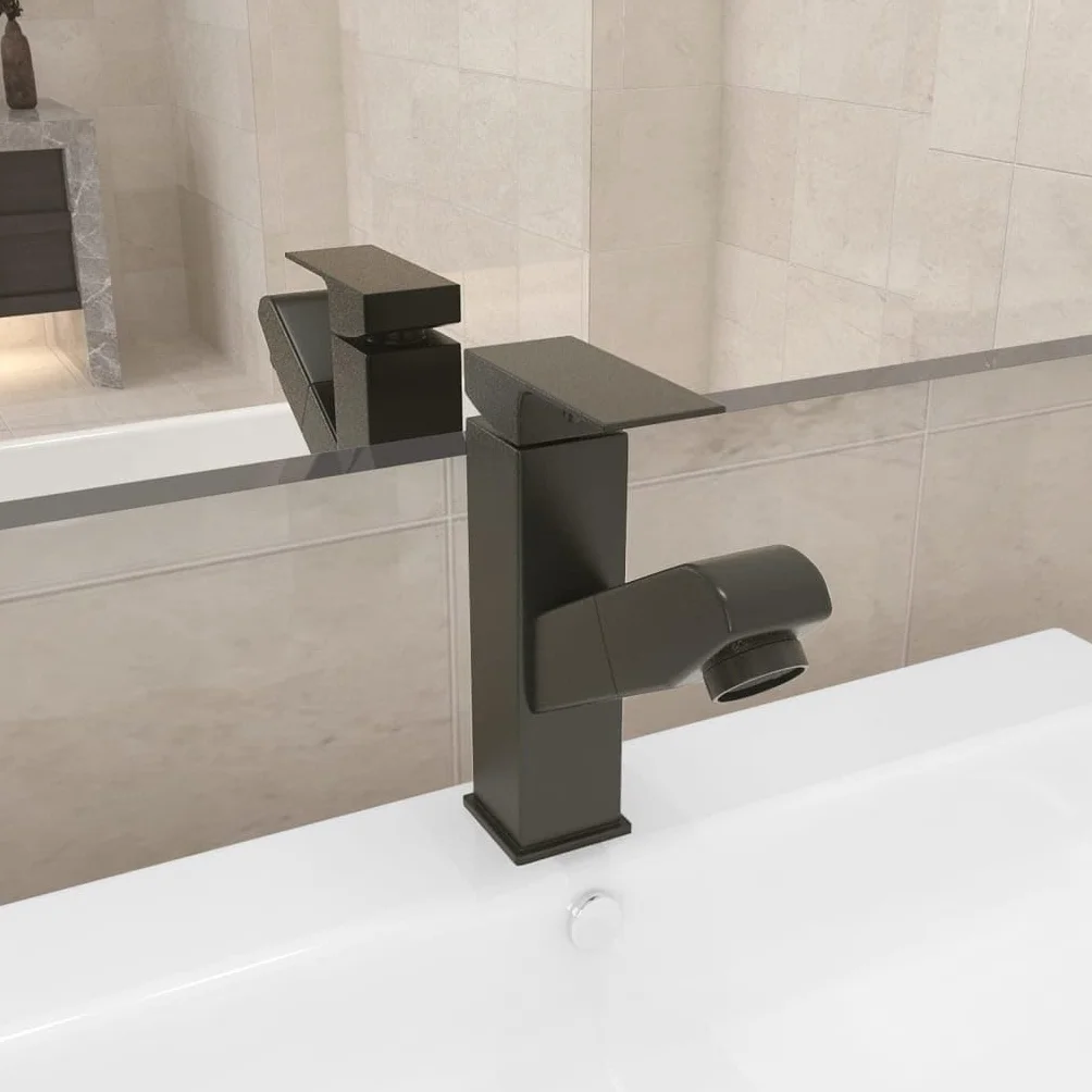Bateria umywalkowa z wyciąganą wylewką prysznicową, szara, bateria mieszakowa ze stali nierdzewnej 157 x 172 mm, obracana o 360 stopni, jednouchwytowa bateria do łazienki i kuchni