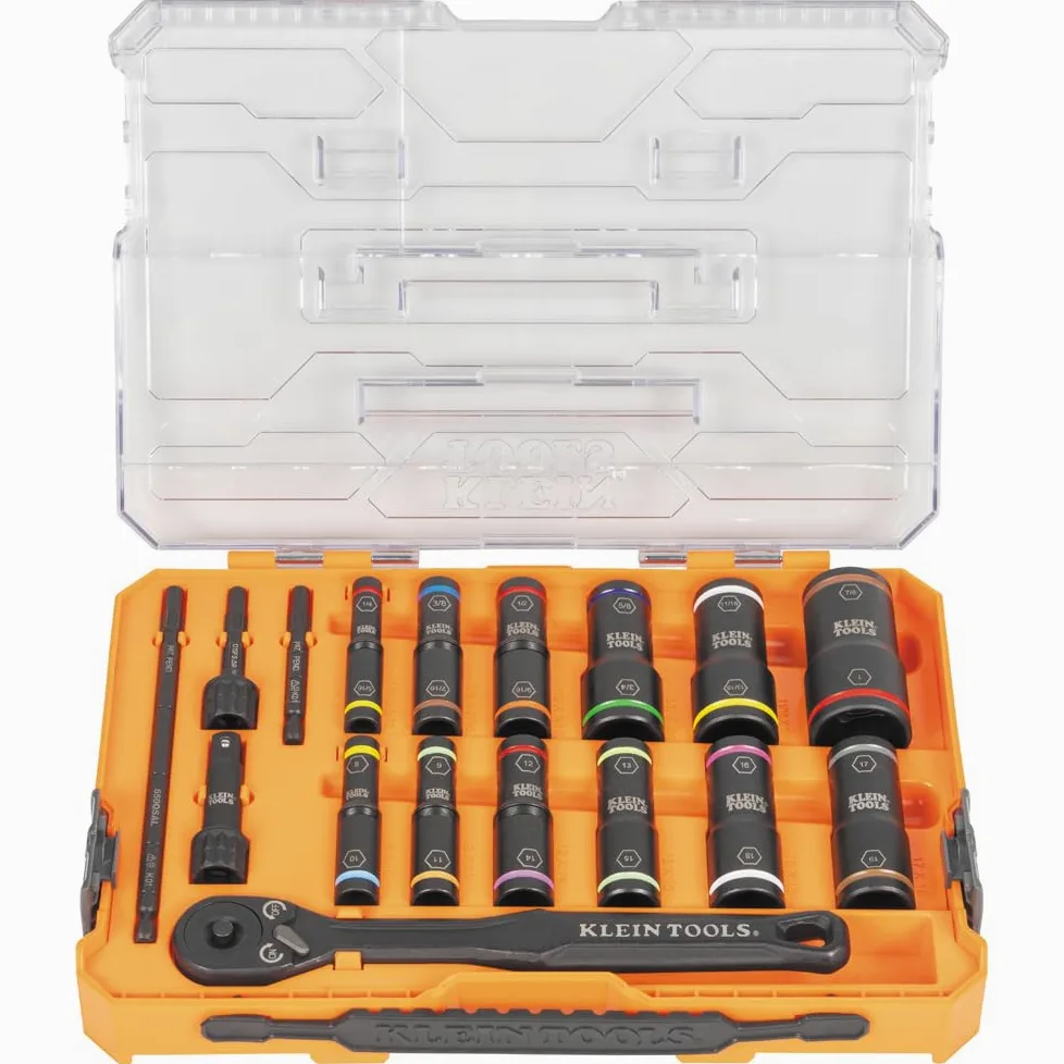 Klein Tools 65626 KNECT Zestaw nasadek z klapką, gniazda głębokiego uderzenia, grzechotka 3/8 cala, 24 rozmiary SAE i gniazda metryczne, obudowa MODbox, 18-częściowy