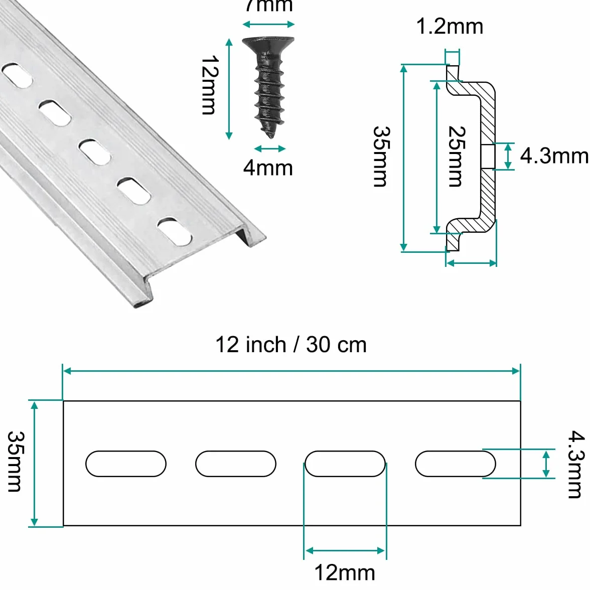 Xiatiaosann Szyna montażowa, szczelina, aluminiowa, 6 sztuk szyn DIN do szafy rozdzielczej, szafy sterowniczej, szerokość 35 mm, wysokość 7,5 mm, długość 300 mm
