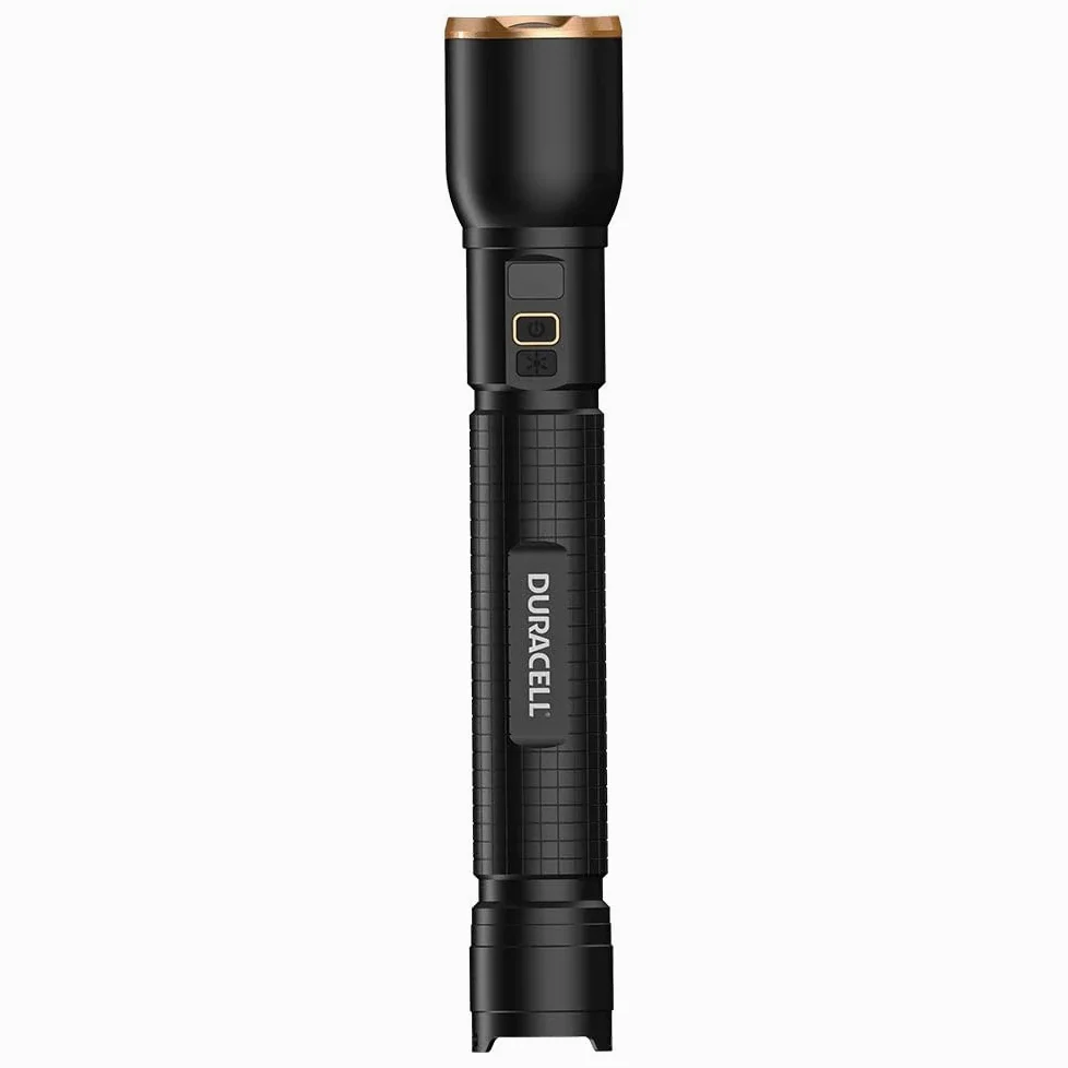 Duracell Latarka LED DF6000R Pro – 6000 lumenów, z możliwością ustawiania ostrości, zasięg świecenia 230 m, do użytku na zewnątrz i w warsztacie, do ponownego ładowania USB-C, 2 x akumulator