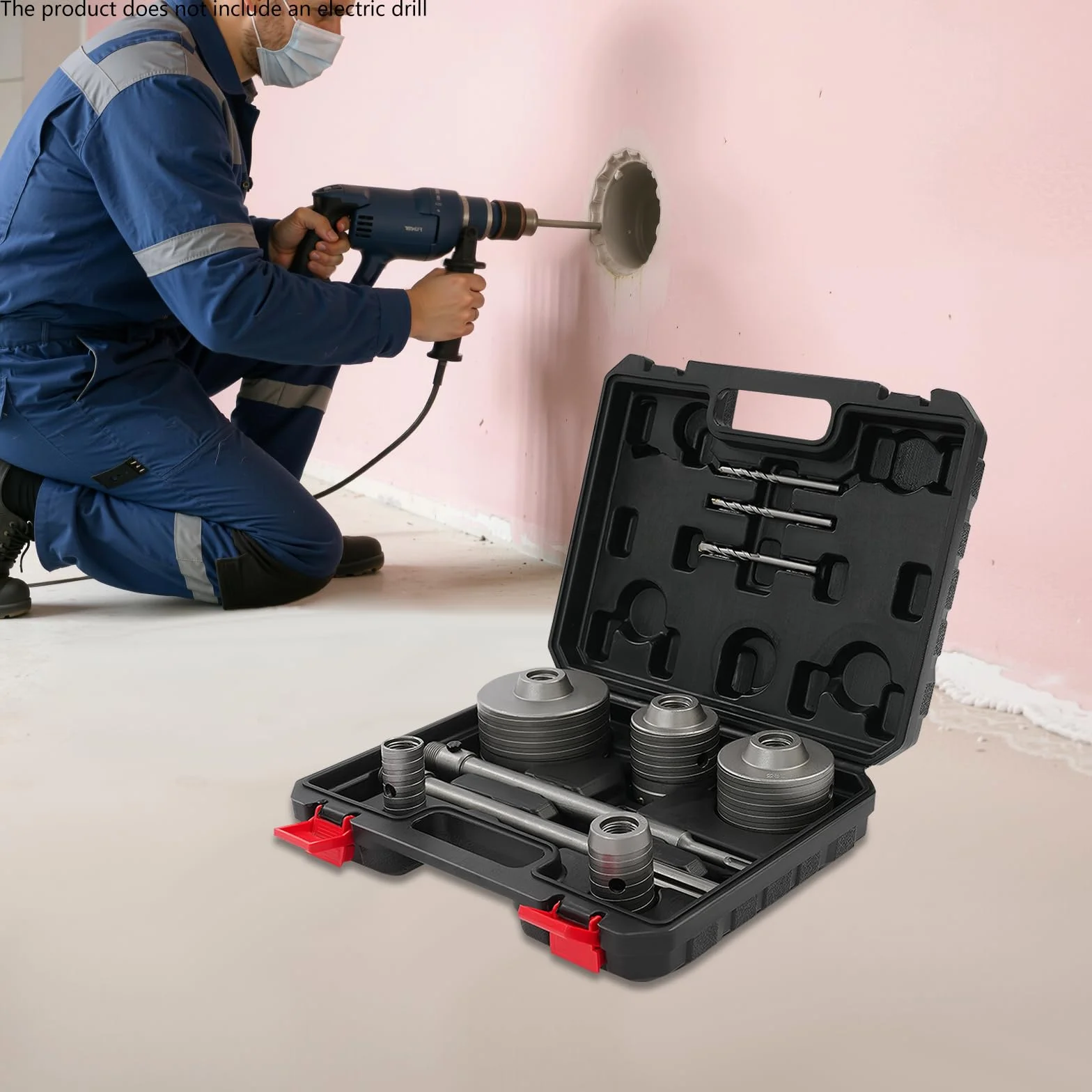 Zestaw wierteł do otworów – Ø 30/40/68/80/100 mm + Ø 8 x 110 mm wiertło centrujące + trzpień SDS Plus i Max 300 mm, w walizce na narzędzia, wiertło ścienne do betonu, do cegły, gliny, pianki i ścian