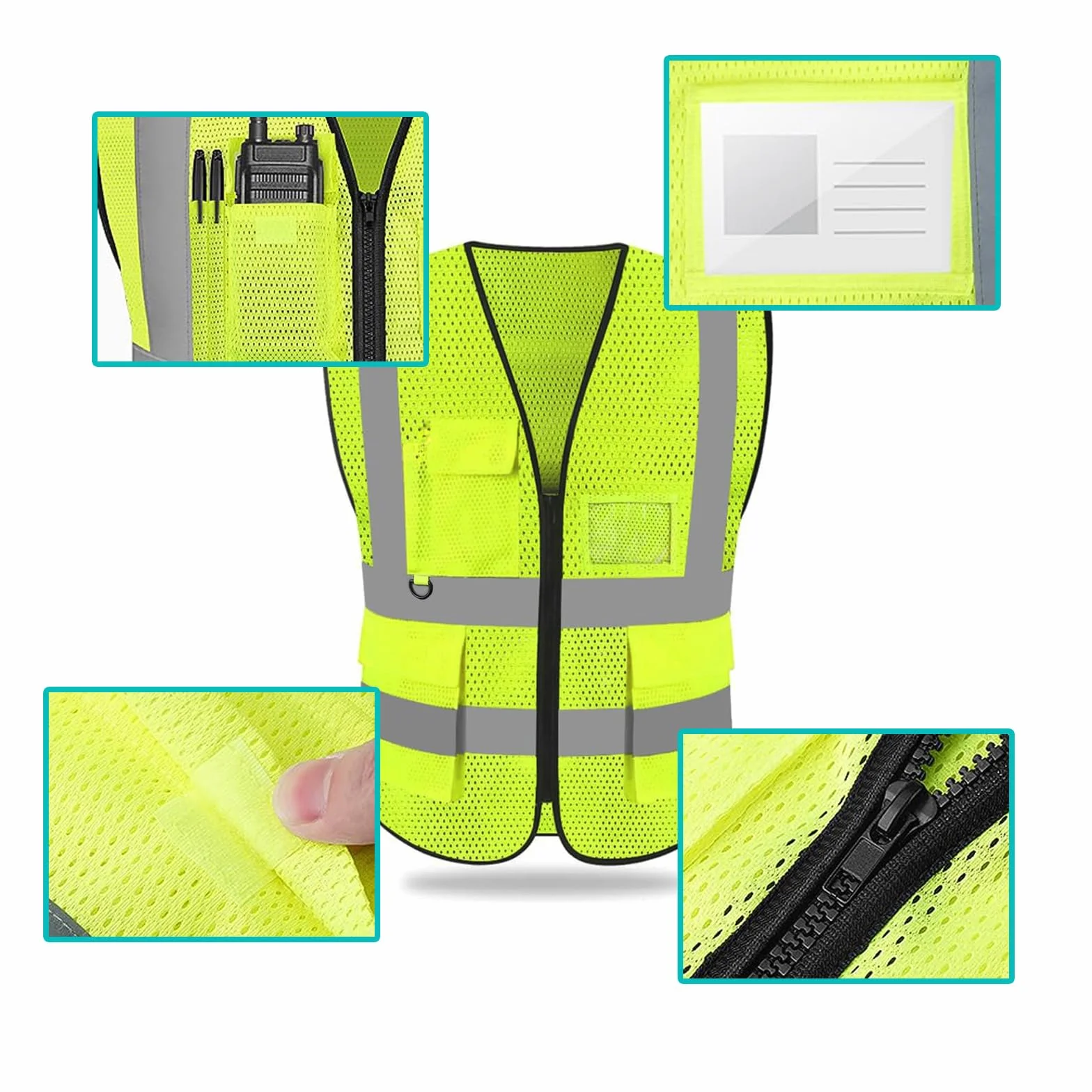 Kamizelka odblaskowa 2XL, wysoka, odblaskowa, siatkowa kamizelka ostrzegawcza, kamizelka rowerowa z paskami odblaskowymi, zamek błyskawiczny, żółty, XXL