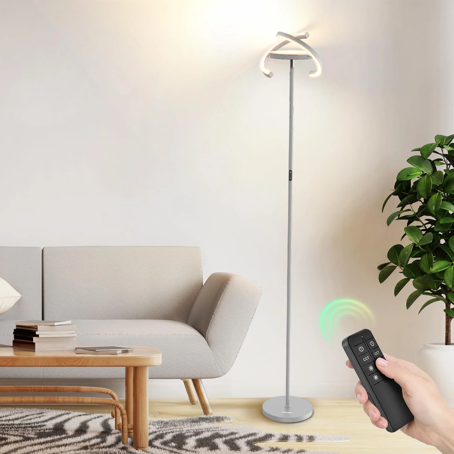 FIMEI Lampa podłogowa, 3000K-6000K Temperatura barwowa i ciągłe ściemnianie, z pilotem i sterowaniem dotykowym, lampa podłogowa Led do salonu, centralne światło w górę, 36 W, szara